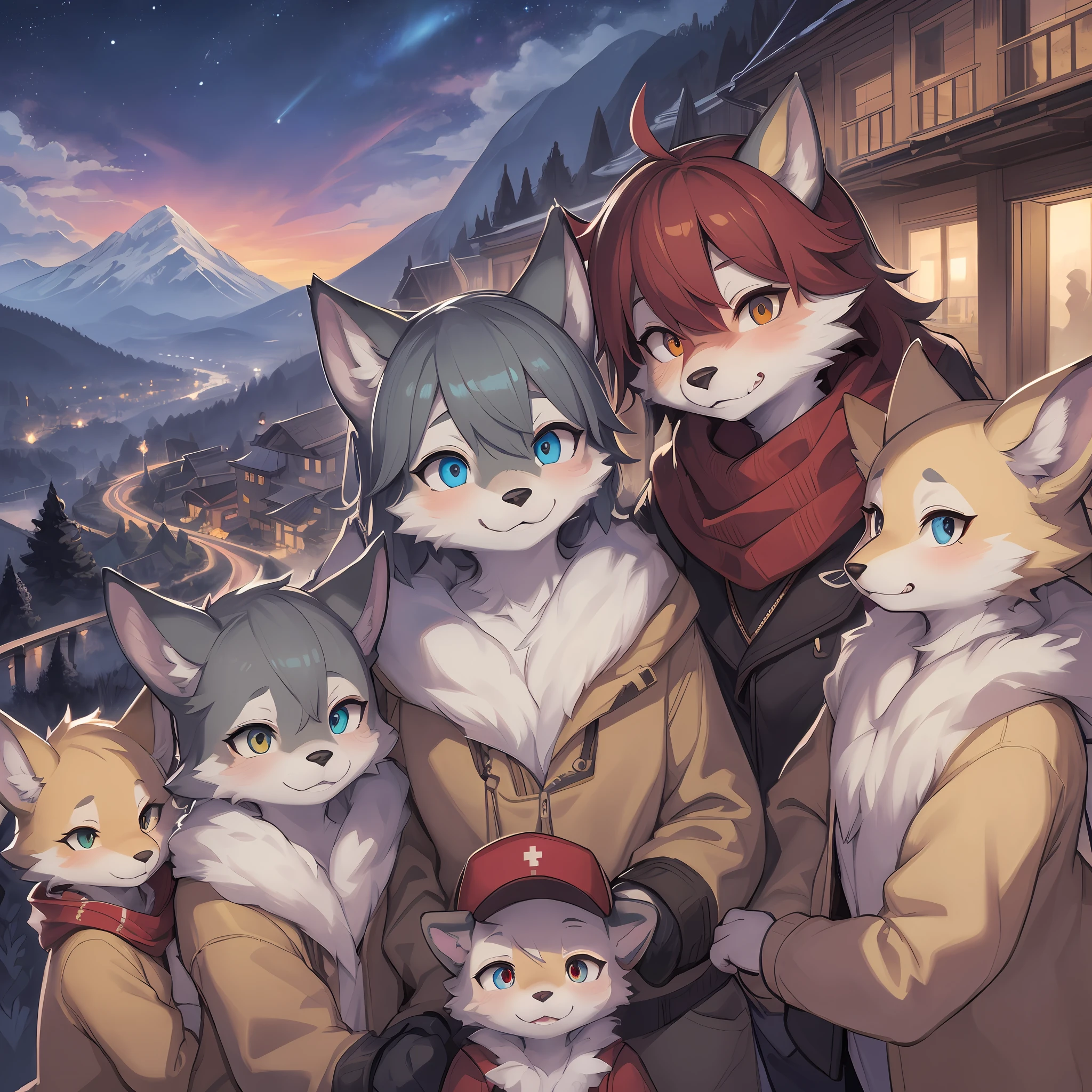top quality, best quality, High-quality illustrations, masterpiece, super high resolution, detailed background, detailed background, Mountain railways in Switzerland, group shot, 6+boys, 6+girls, night sky, absurdres(highly detailed beautiful face and eyes)perfect anatomy(Photo of family trip)(kemono, furry anthro)selfie,