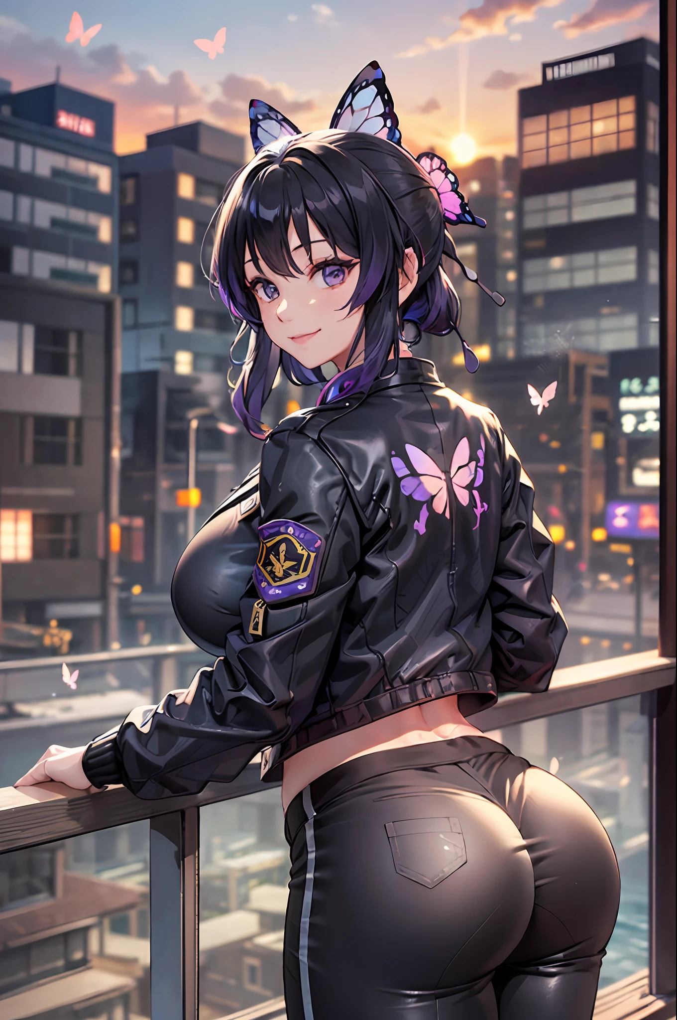 1girl, bangs, black hair, black jacket, black pants, huge breasts, butterfly hair ornament, gradient hair, hair ornament, jacket, japanese clothes, kochou shinobu, long sleeves, multicolored hair, see-through pants, parted bangs, purple eyes, purple hair, short hair, smile, solo, two-tone hair, uniform, ass, outdoors, leaning on railing, arching, lens flare, sunset, sunbeams,