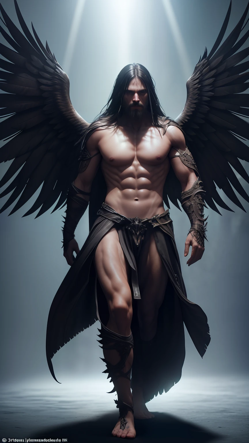 dark, (ashenhard style:1.1),, a male angel, with beams of light enveloping his body, his feathery wings are spread out, a golden halo over his head, muscular, beard, masculine, masterpiece, best quality, intricate detail, absurdres, high detail RAW color Photo, highly detailed, harsh lighting, cinematic lighting, detailed eyes, distinct pupils, contrast, textured skin, cold skin pores, hard light, gigapixel, feet visible, flawless face, 8k resolution, beautiful, cinematic, elegant, hyperrealistic, octane render, unreal, high definition, 8k resolution, highly detailed, 8k uhd, professional lighting, photon mapping, radiosity, physically-based rendering, perfect face, detailed face and body, award-winning photography, detailed face, backlight, ultrarealistic, ray tracing, intense gaze, cinematic lighting
