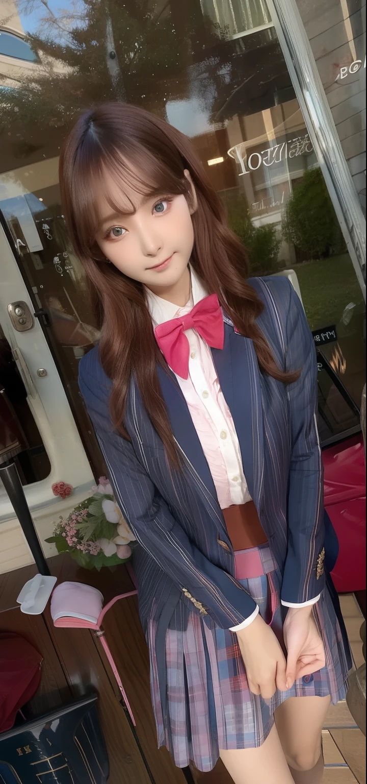 girl, Sooha, verry beautiful, beautiful eyes, beautiful hair, brown hair, pink eyes, white shirt, navy blazer, short skirt, purple and red bow tie, long hair, realistic, ultra detail, 70mm lens,