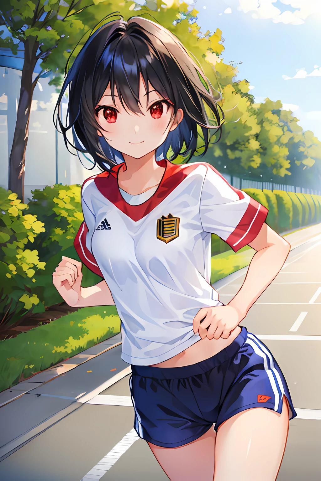 (masterpiece:1.2),best quality,perfect anatomy,extremely detailed,
BREAK
cute girl,shiny skin,light smile,solo,short hair,
lovely big eyes,cute eyes,(red eyes:1.4),(black hair:1.4),
BREAK
sport shirt,sport shorts,
BREAK
school,running track,
BREAK
looking at viewer,character focus,evil smile,running, 
BREAK