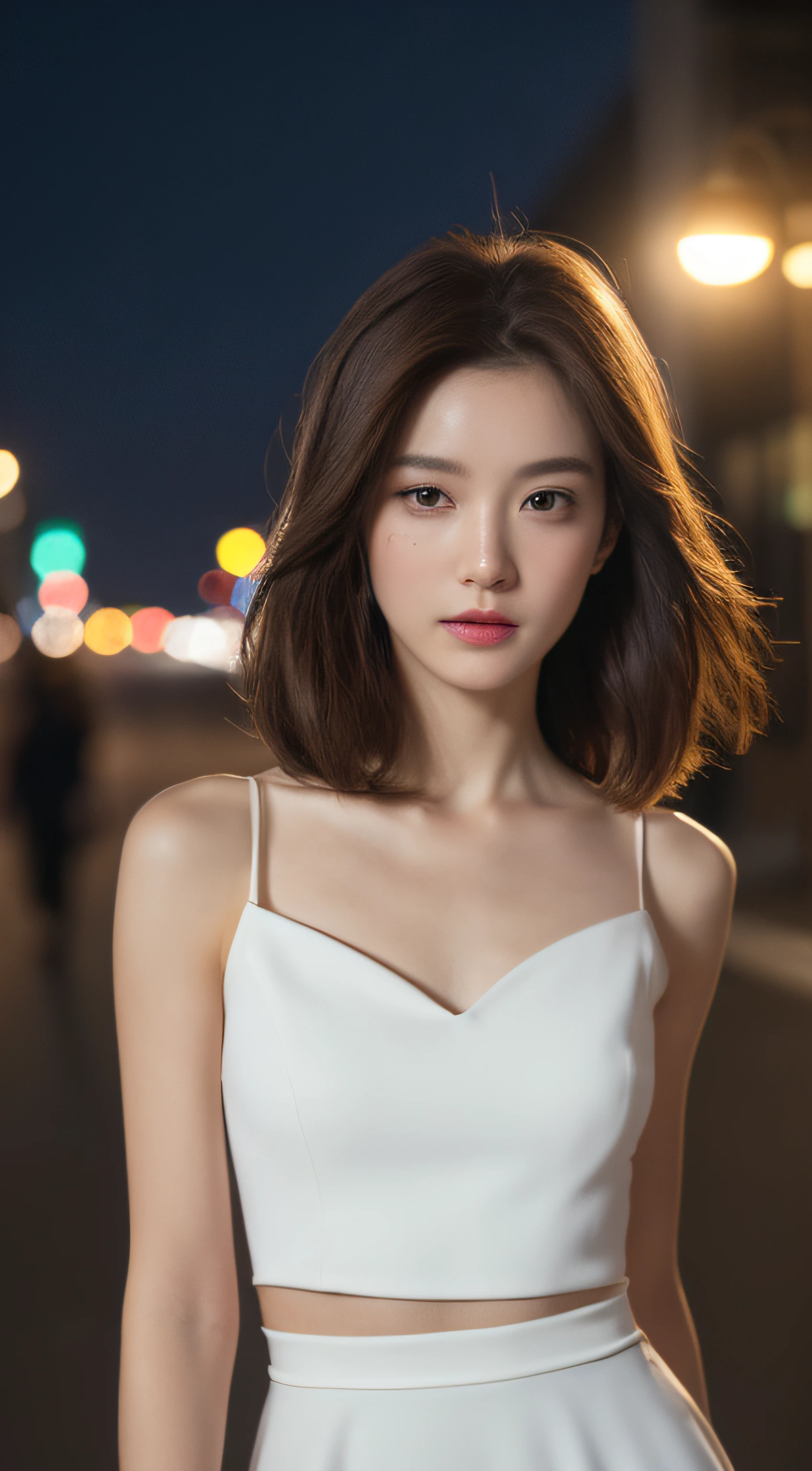 ((Realistic lighting, Best quality, 8K, Masterpiece: 1.3)), Focus: 1.2, 1girl, Perfect Figure: 1.4, Slim Abs: 1.1, ((Dark brown hair)), (White dress: 1.4), (Outdoor, Night: 1.1), City streets, Super fine face, Fine eyes, Double eyelids,