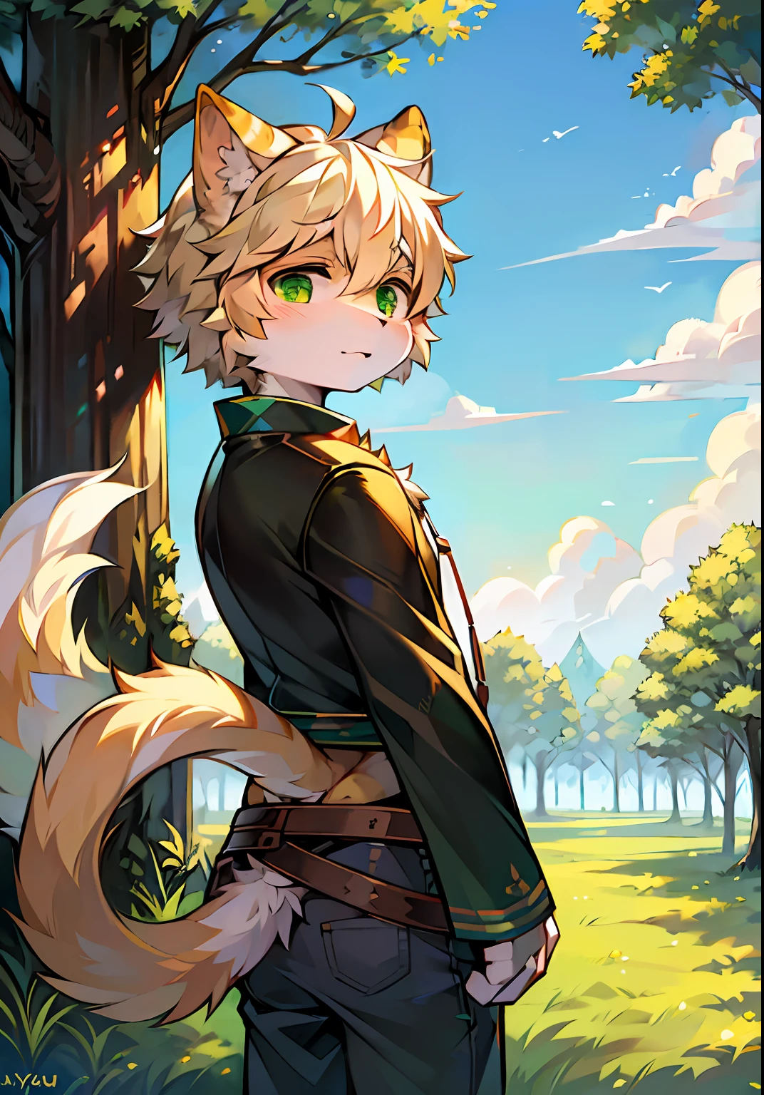 Masterpiece,High quality,abstract res,Digital painting\(artwork of a\), author:Lang_Yus, Yupa,Kiyosan,(anthro,Fluffy fur,Character focus:1.1),anthro male cat,Portrait , eyes with brightness, in a panoramic view, Character focus.(detailedbackground:0.7), 独奏, shaggy, shaggy male, ,malefocus, Robust,Strong anthrax(Full Body Furry, It has a fluffy tail,With a green pattern, White fur, Dark green eyes), (Long felines、moth、White feathers、Dark green ears、Beige tail、Light green smoky pattern、Beige hair、seminude、Manteau:1.2),(External、In the daytime、Dense grass、Low tree、clear skies、grassy fields)