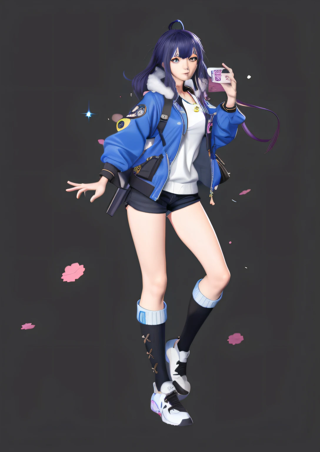 Anime girl holding cell phone in blue jacket and black shorts, 3d anime girl, anime styled 3d, render of a cute 3d anime girl, Smooth anime CG art, anime full body illustration, Guweiz on ArtStation Pixiv, full-body xianxia, High quality anime art style, Anime moe art style, 2 d anime style