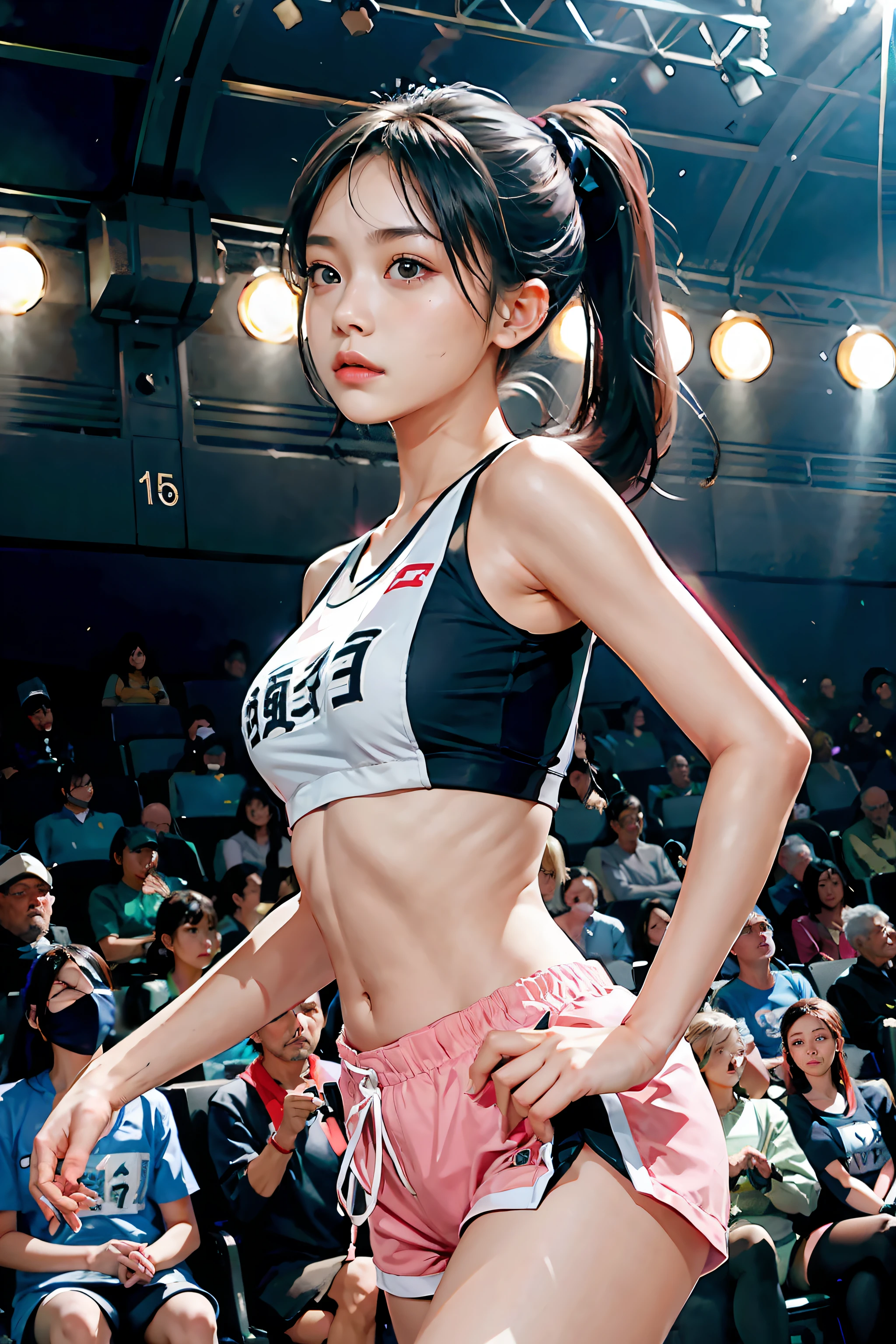 1 girl, (Face the audience:1.8),Solo, Running, Gray Track Top,plain face ,Pink shorts, pony tails, Liuhai,Bigboobs,Athletic figure,Black hair,Dynamic brushstrokes,Smooth movements,Capture the essence of her sportsmanship and energy,Light and pastel tones create a dreamy and ethereal atmosphere,Portrays the movement and elegance of running,The wind blew her ponytail and clothes,and the landscape around her。exteriors,detailed back ground,Modern metropolis,