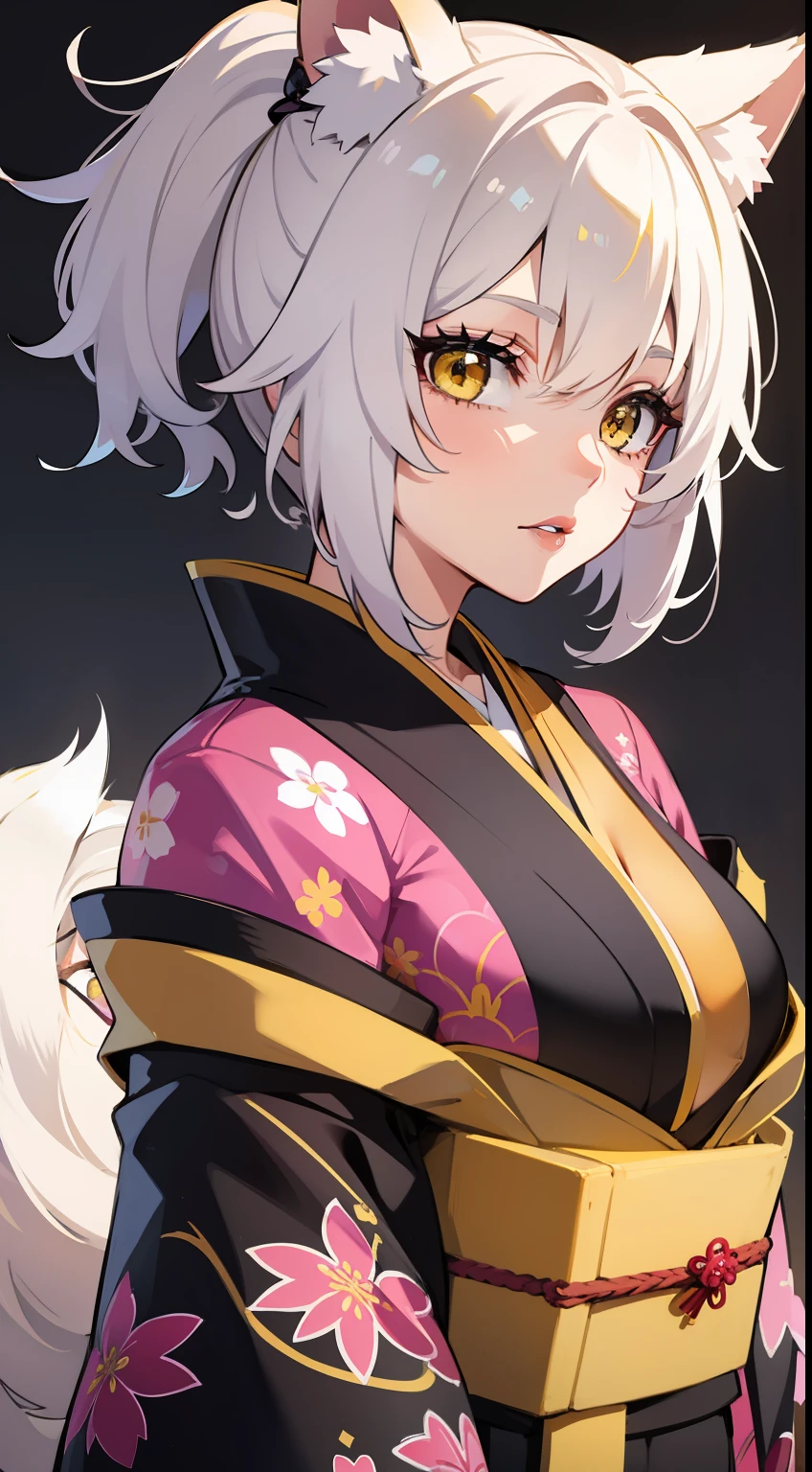 Adult woman, short white hair, high ponytail, fox ears and tail, Yellow eyes, black kimono, pink lipstick, Masterpiece, hiquality