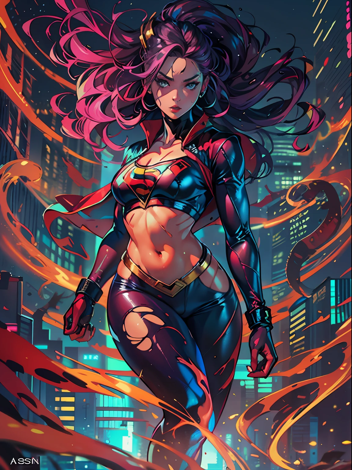 a digital painting of supergirl merging with venom, long hair, cyberpunk art by Josan Gonzalez, winner of the behance contest, afrofuturism, synthwave, neon, shiny neon, thick thighs, thin waist, sensual, nsfw, little clothing, erotic art, anime, torn battle clothes, extremely sexualized, sweaty body, NSFW, big breasts, big ass, HD, 8k, High quality, details, perfect body, Highlight the body, detail on the perfect face, detail in the background