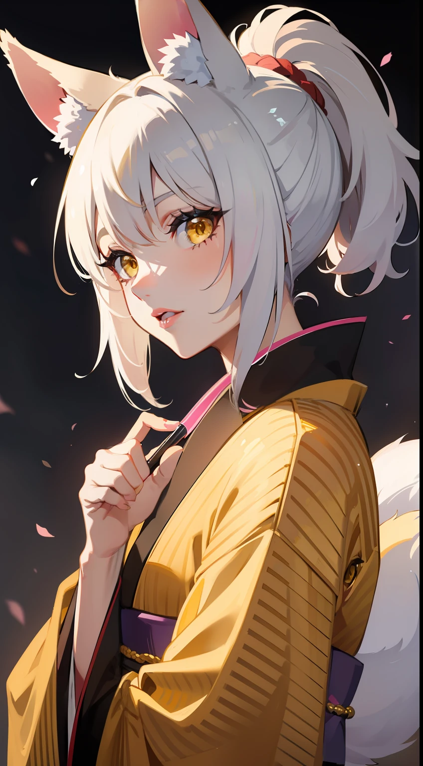 Adult woman, short white hair, high ponytail, fox ears and tail, Yellow eyes, black kimono, pink lipstick, Masterpiece, hiquality
