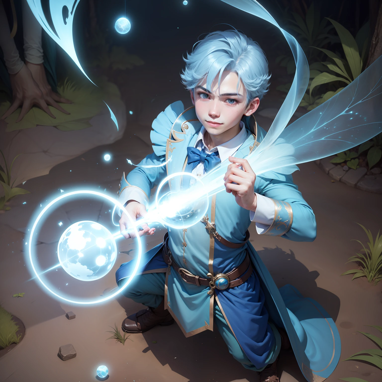 A handsome boy with fairy air,Crouch on the ground,Slap the ground with one hand,A huge pale blue magic array appeared around his body,Look up and give a smile