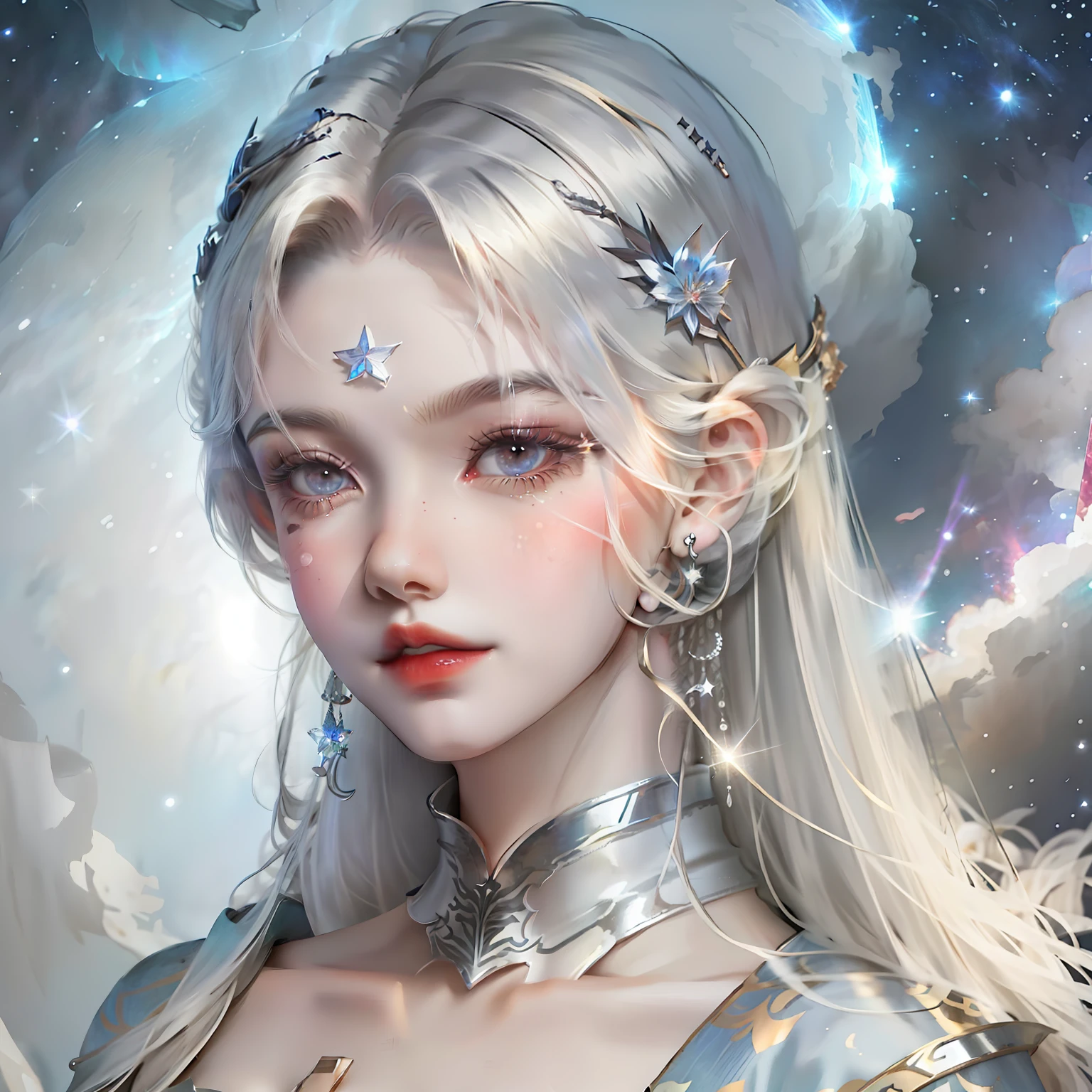 Gray-haired maiden。Starry sky nebula in background,The stars twinkle
