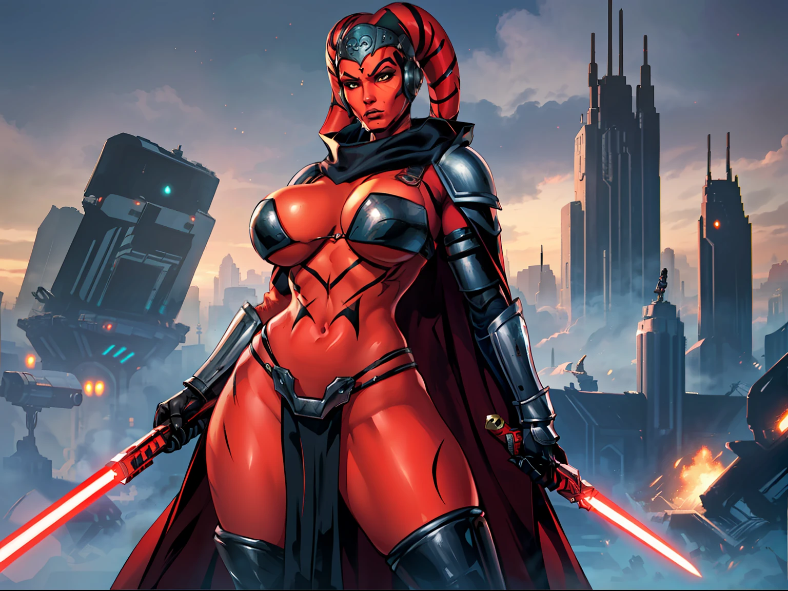 Gorgeous big tits Twi'lek woman in an action scene, (((fighting, swordfight, dual red lightsabers))), masterpiece, best quality, high-definition, armor, busty, ((red skin), twi'lek), dual red lightsabers, evil space knight, space ninja, (wearing black robes, black stealth armor, breastplate, tunic, tabard, cowl, cloak, body glove, straps, buckles, skirts, long sleeves, fantasy, ((armor))), ((busty), slender body, thin, slim sexy body, slim waist, ((gigantic breasts))), Imperial starship, Star Wars, futuristic city, warzone, soldiers in black armor