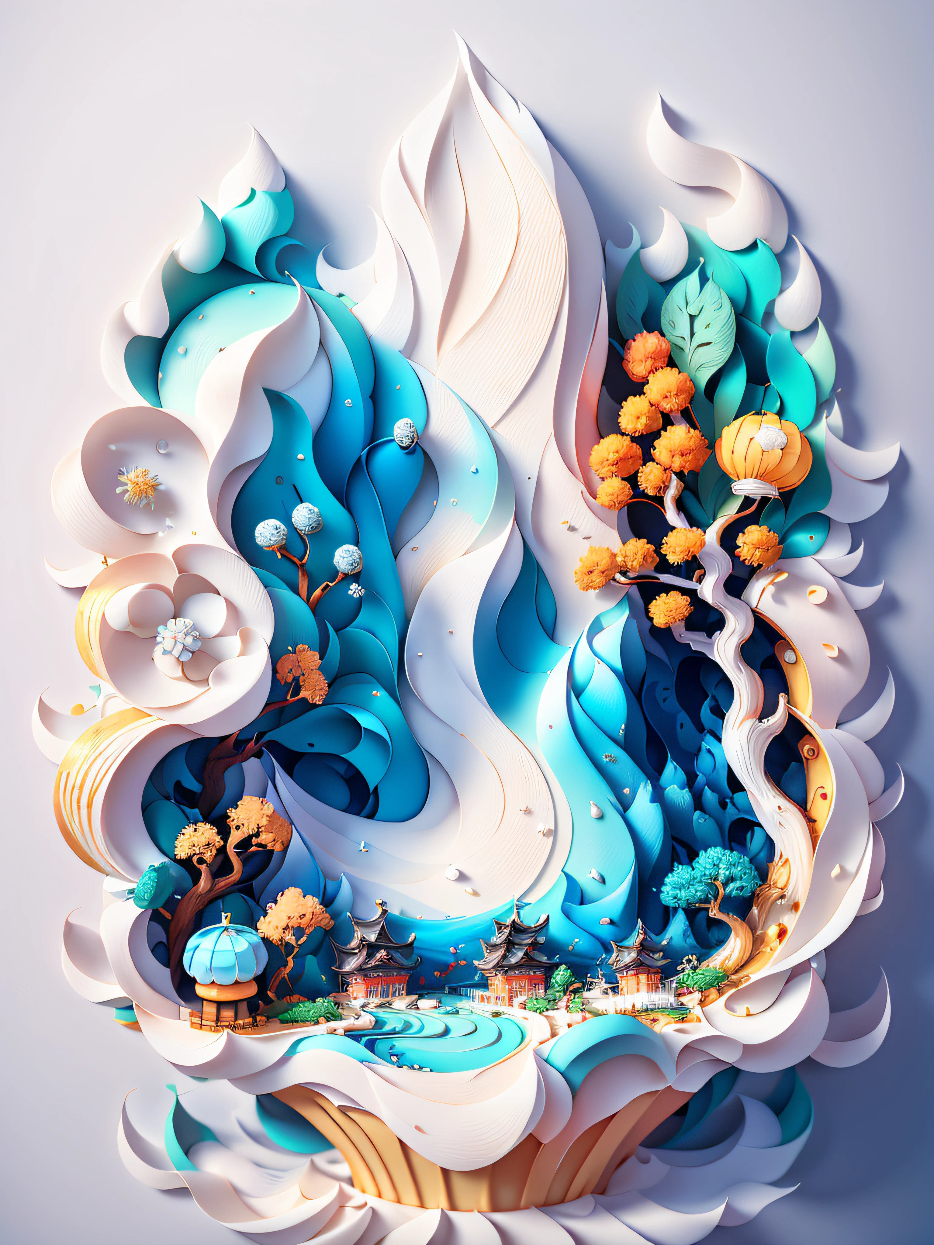 Chinese traditional landscape painting,Cupcakes,Sweet and tasty cake,Paper creation,3D立体渲染,The color gradient varies from white to light blue,4K分辨率,Simple and natural composition,:White background,Fresh and unearthly style。(:Nature:)