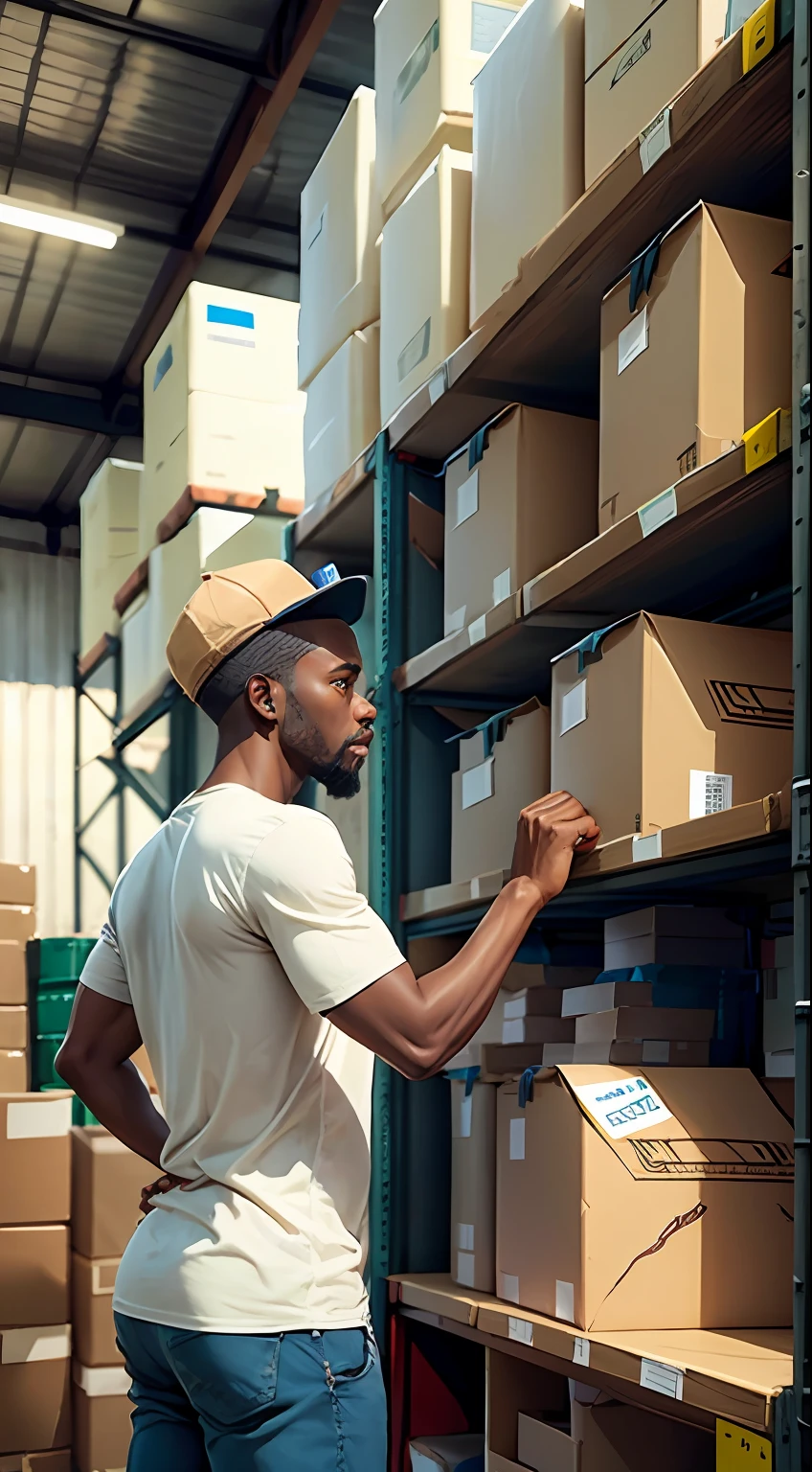 A painting of an African man working in an arrivals warehouse illustrating various boxes and containers around