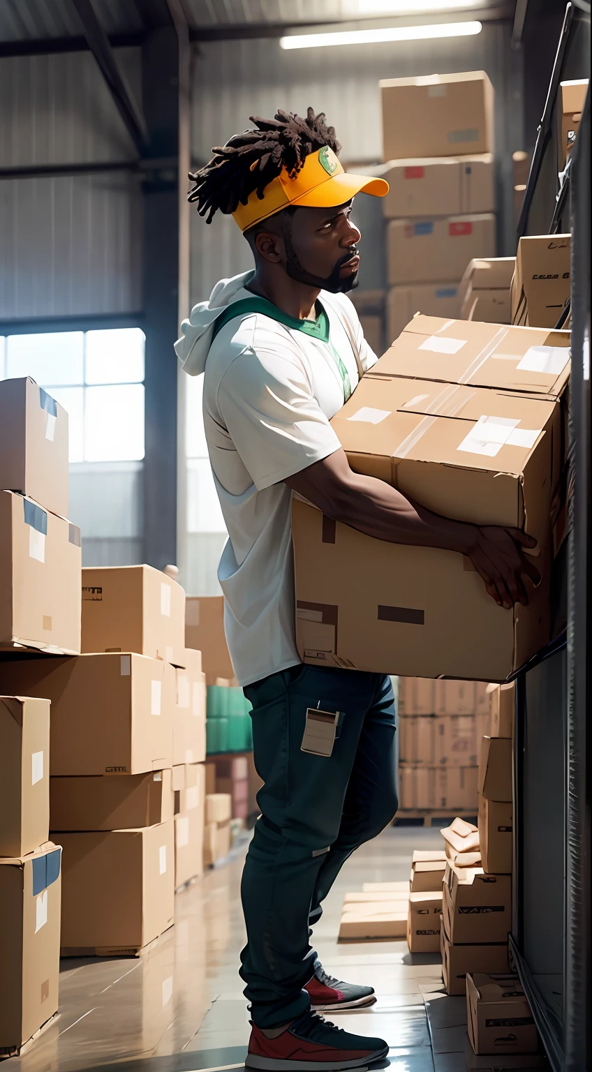 A painting of an African man working in an arrivals warehouse illustrating various boxes and containers around