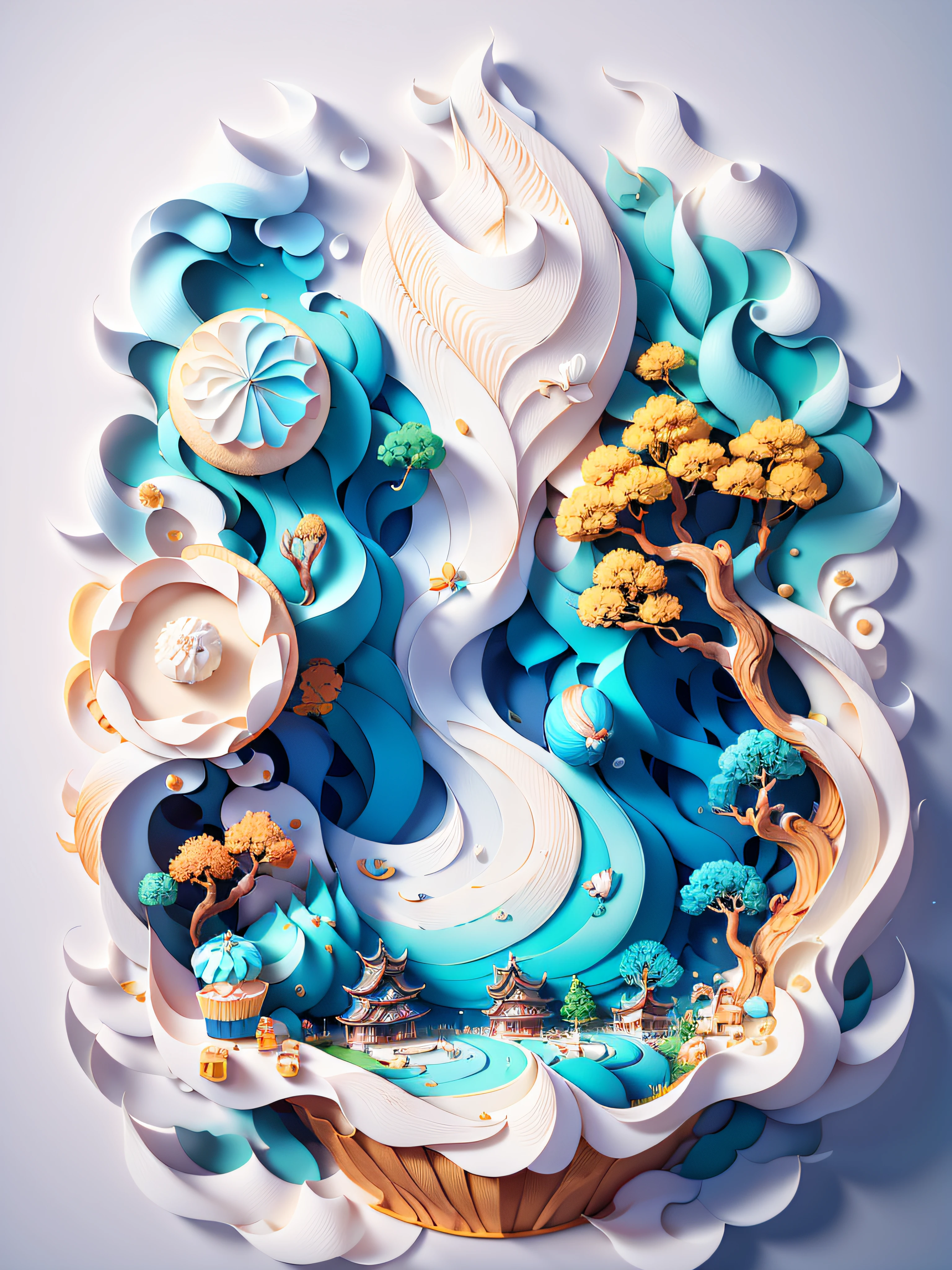 Chinese traditional landscape painting,Cupcakes,Sweet and tasty cake,Paper creation,3D立体渲染,The color gradient varies from white to light blue,4K分辨率,Simple and natural composition,:White background,Fresh and unearthly style。(:Nature:)