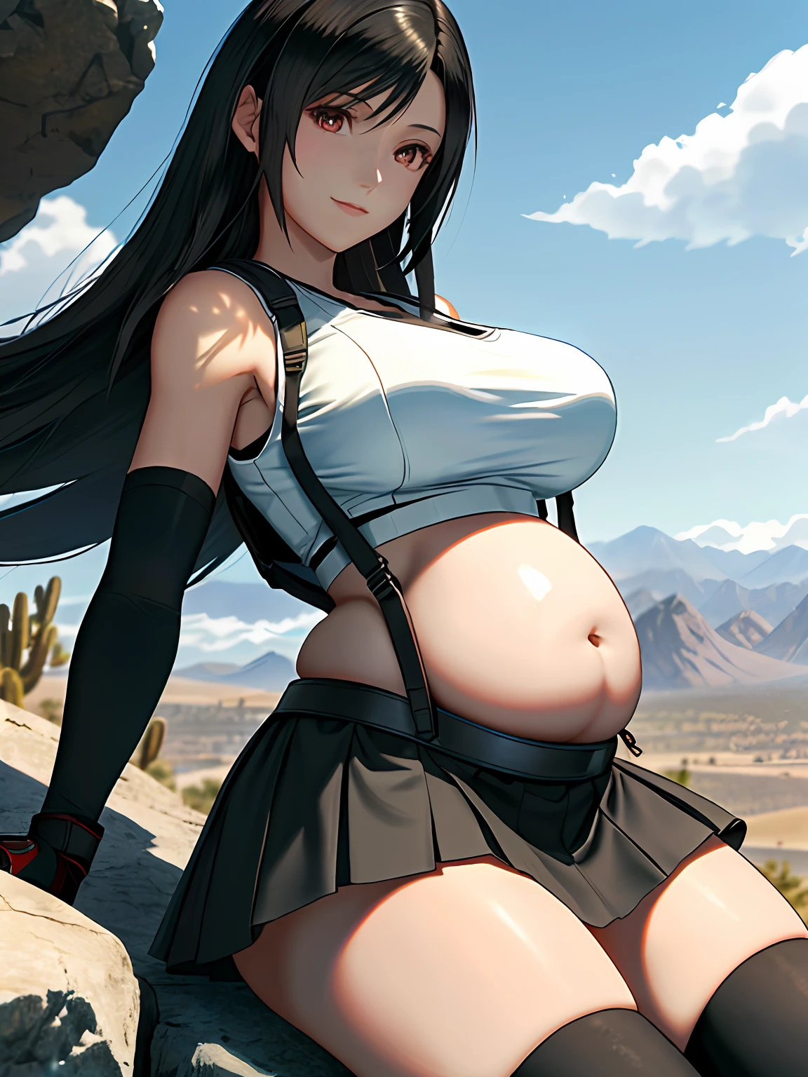 8K,Masterpiece, bset quality,Big, (1 girl), Tifa Lockhart, Red_Eyes, Black hair, Long hair, Professional lighting, (Shiny skin: 1.2), shiny big, ((Best quality)), Sharp focus: 1.2, Highly detailed face and skin texture, Detailed eyes, Perfect face, Perfect body, blur art, CG, Background with, 20yr old, mature cool and beautiful face, Wearing ((suspender black skirt), black elbow gloves, white taut shirt, Tsigh, Gilet blanc), Blushing, Dynamic pose, (Mittgar), is sitting on a rock, Tranquility, (Beautiful Sky Background: 1.1), (Desert, hill, sky: 1.1), (Full body shot: 1.15), Smile, Floating hair, Flirting,Pregnant belly，Pregnant belly