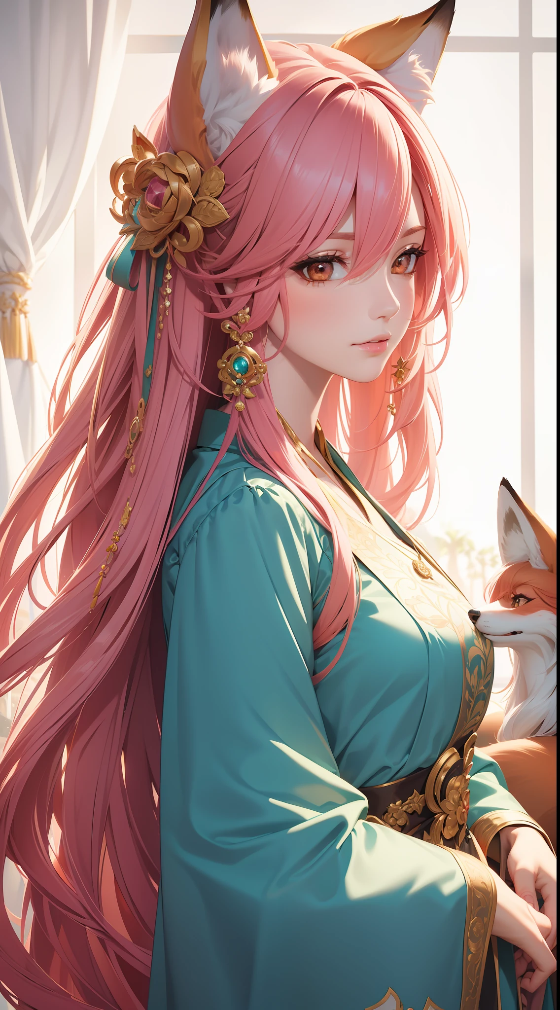 (Masterpiece:1.2, Best quality), (Very detailed face, Intricate details),Casual,,one-girl,Pink hair,a fox,Girl with fox ears,Cyan clothes,Raised sexy,