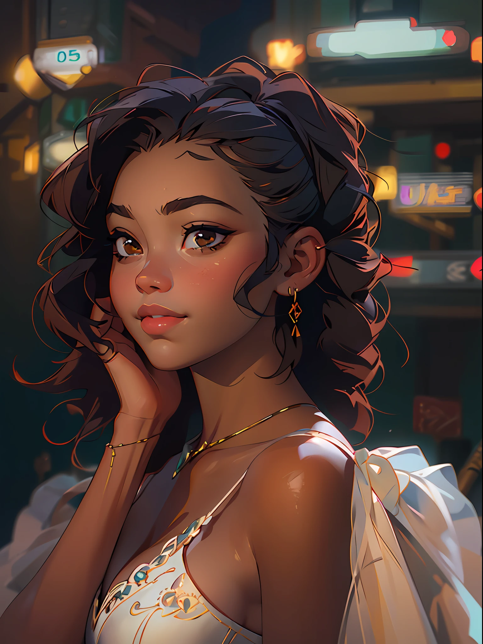 22 yo brown skin girl, 1girl, RAW photo, ((masterpiece)), (((best quality))), ((ultra-detailed)), (hyperrealistic), ((upper body)), cinematic light, photorealistic , beautiful girl, evening dress,