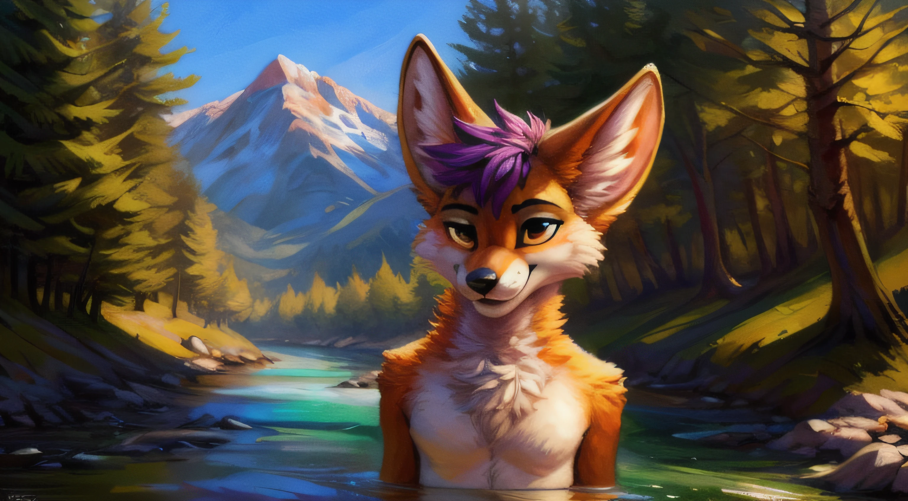 subido a e621, (por kenket, por Ross Tran, por Ruan Jia, por Foxovh) An anthropomorphic fox from Fennec (((masculino))) de (cola, pecho y cuello) esponjada, grandes manos, de ojos color ambar, con lunares cafe claro en hombros y muslos, borde de las orejas es cafe, en su cola posee 2 lunares grandes color blanco con un anillo cafe alrededor, Fursona, Looking at the camera with a mischievous look, Open Invitation, mirada picara, (In the middle of a forest with a river in the background), (detailed lighting), (cinematography lighting), [luz ambiental detallada], Fursona, ((sombra de medio cuerpo)), [luz ambiental en el vientre], [proporciones realistas], [explicit content], [foco nítido], (contenido cuestionable), (sombreado), ((obra maestra))
