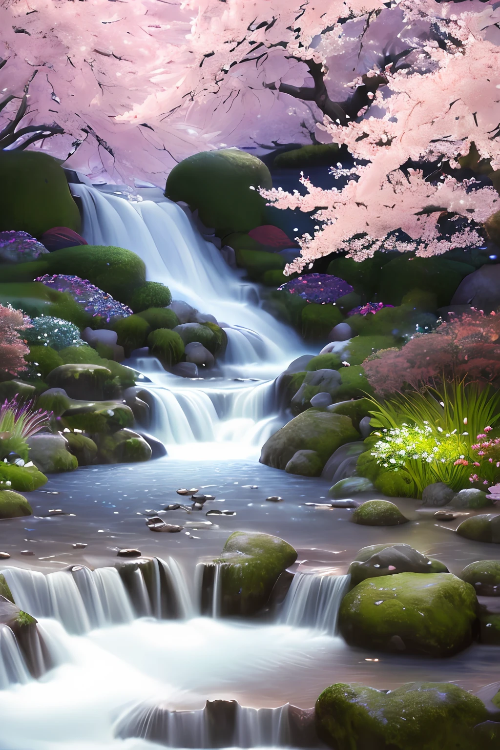 (detailed,(realistic:1.3),sharp details:1.3),(masterpiece:1.3),the most beautiful garden,flowing creak,birds flying around,sakura,epic realism,color explosion,peaceful,tranquility,(night),ultimate beauty,emotional,deep darkness,