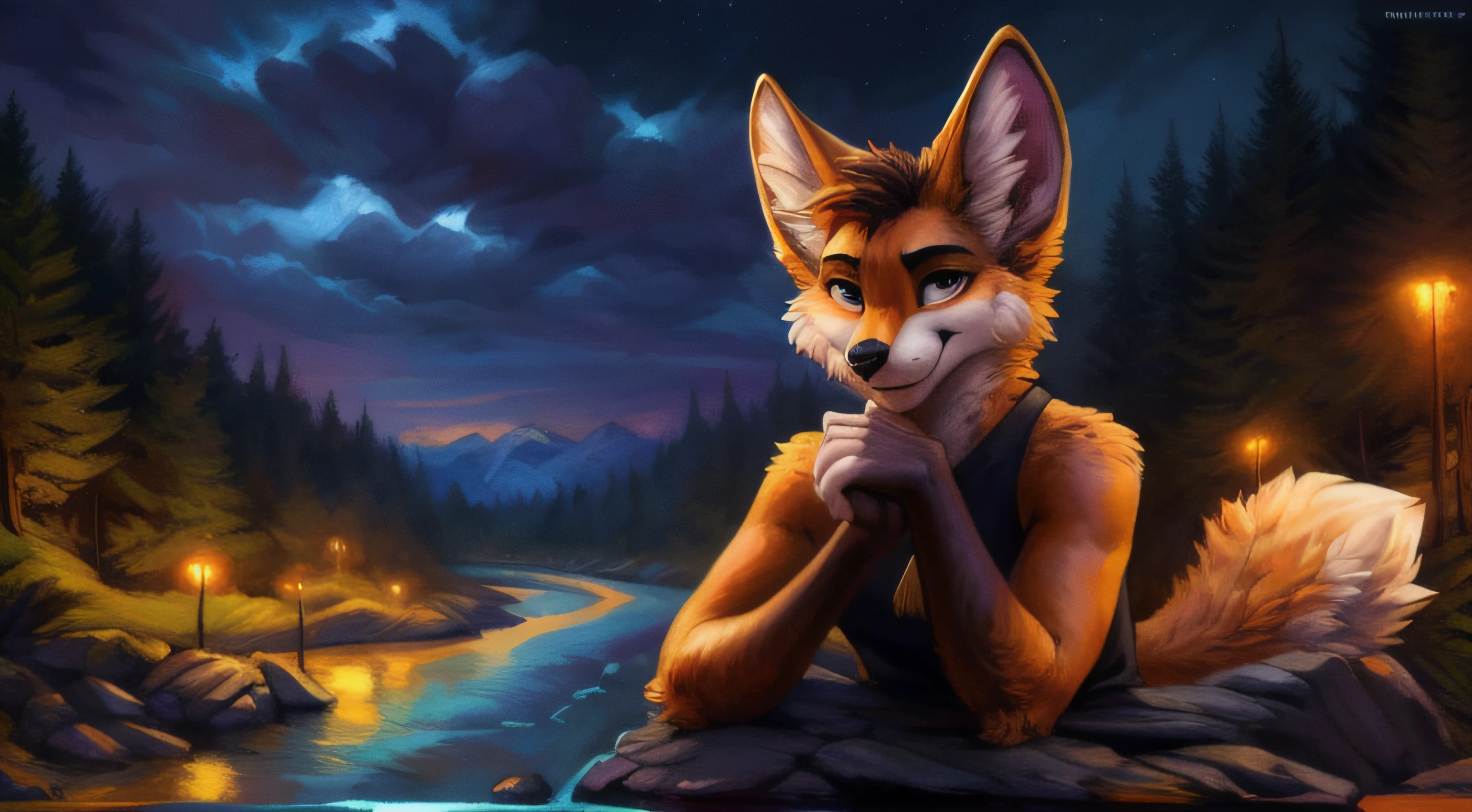 subido a e621, (por kenket, por Ross Tran, por Ruan Jia, por Foxovh) An anthropomorphic fox from Fennec (((masculino))) de (cola, pecho y cuello) esponjada, grandes manos, de ojos color ambar, con lunares cafe claro en hombros y muslos, borde de las orejas es cafe, en su cola posee 2 lunares grandes color blanco con un anillo cafe alrededor, Fursona, Looking at the camera with a mischievous look, Open Invitation, mirada picara, (In the middle of a forest with a river in the background), (detailed lighting), (cinematography lighting), [luz ambiental detallada], Fursona, ((sombra de medio cuerpo)), [luz ambiental en el vientre], [proporciones realistas], [explicit content], [foco nítido], (contenido cuestionable), (sombreado), ((obra maestra))