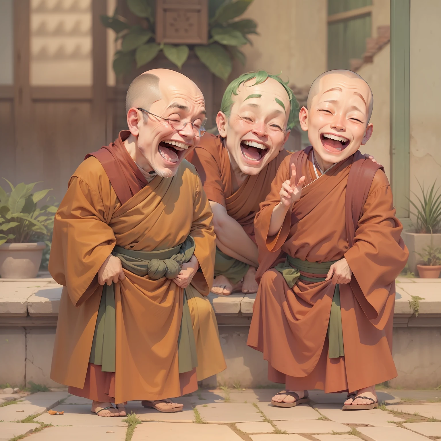 Animation showing the three monks laughing while the people around them start laughing as well