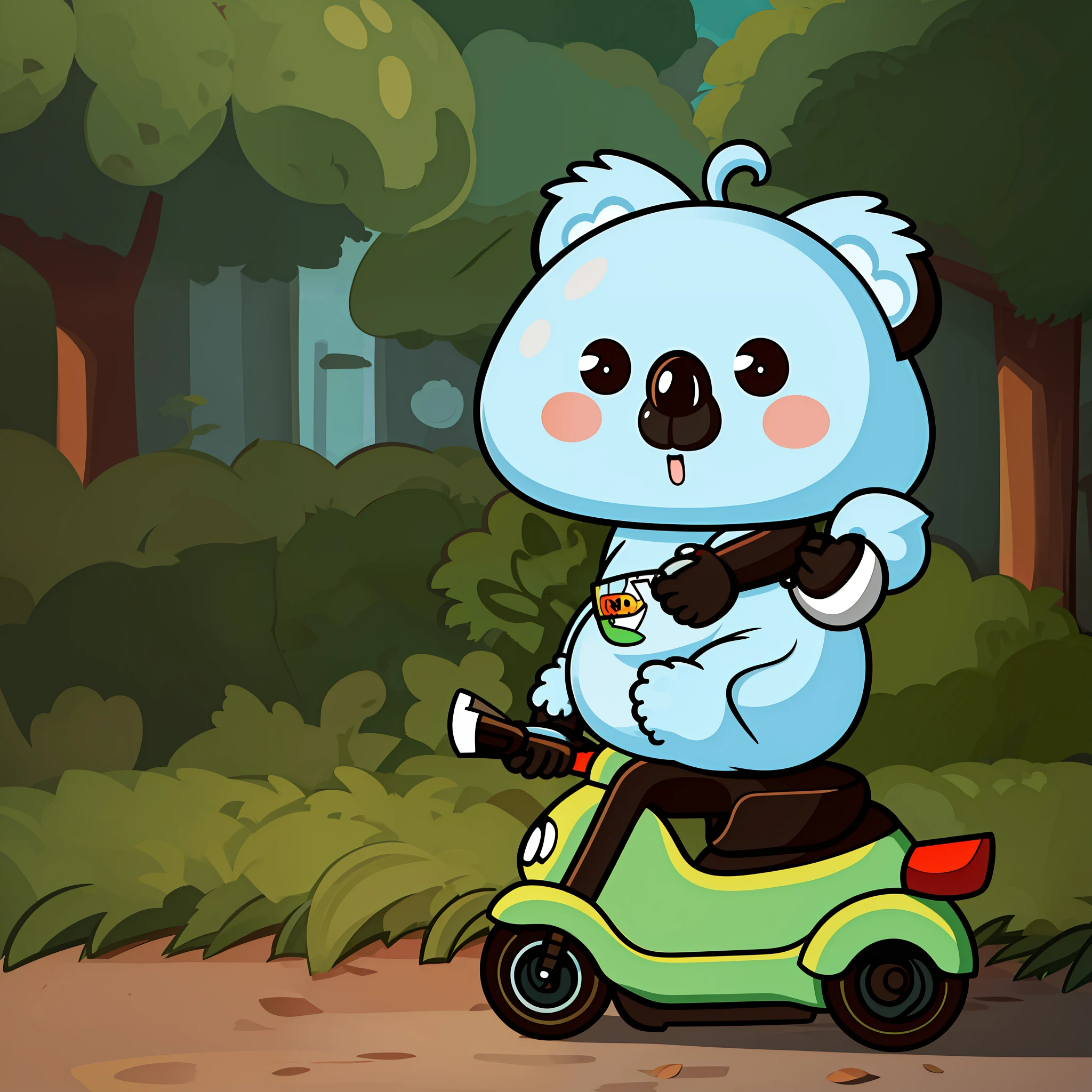 A chubby cute koala，Riding a scooter，Anthropomorphic style，Black strokes，Stick figure style，8K，