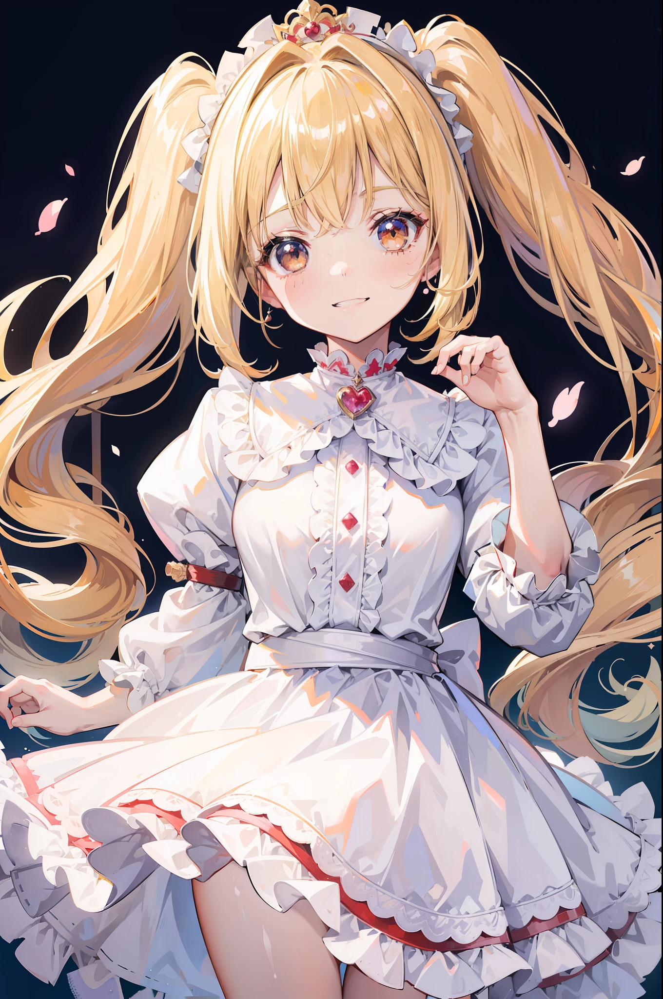 1 girl in、Blonde twintails、Brown eyes、White dress、Ruffled dresses、Grinning smile、Madara na Hikari、European style background、head to waist、Looking at the camera、(Masterpiece Highest Quality:1.2)、((High resolution of the highest quality))、[[bad face]], [[Fused fingers]], [[multiple limbs]]