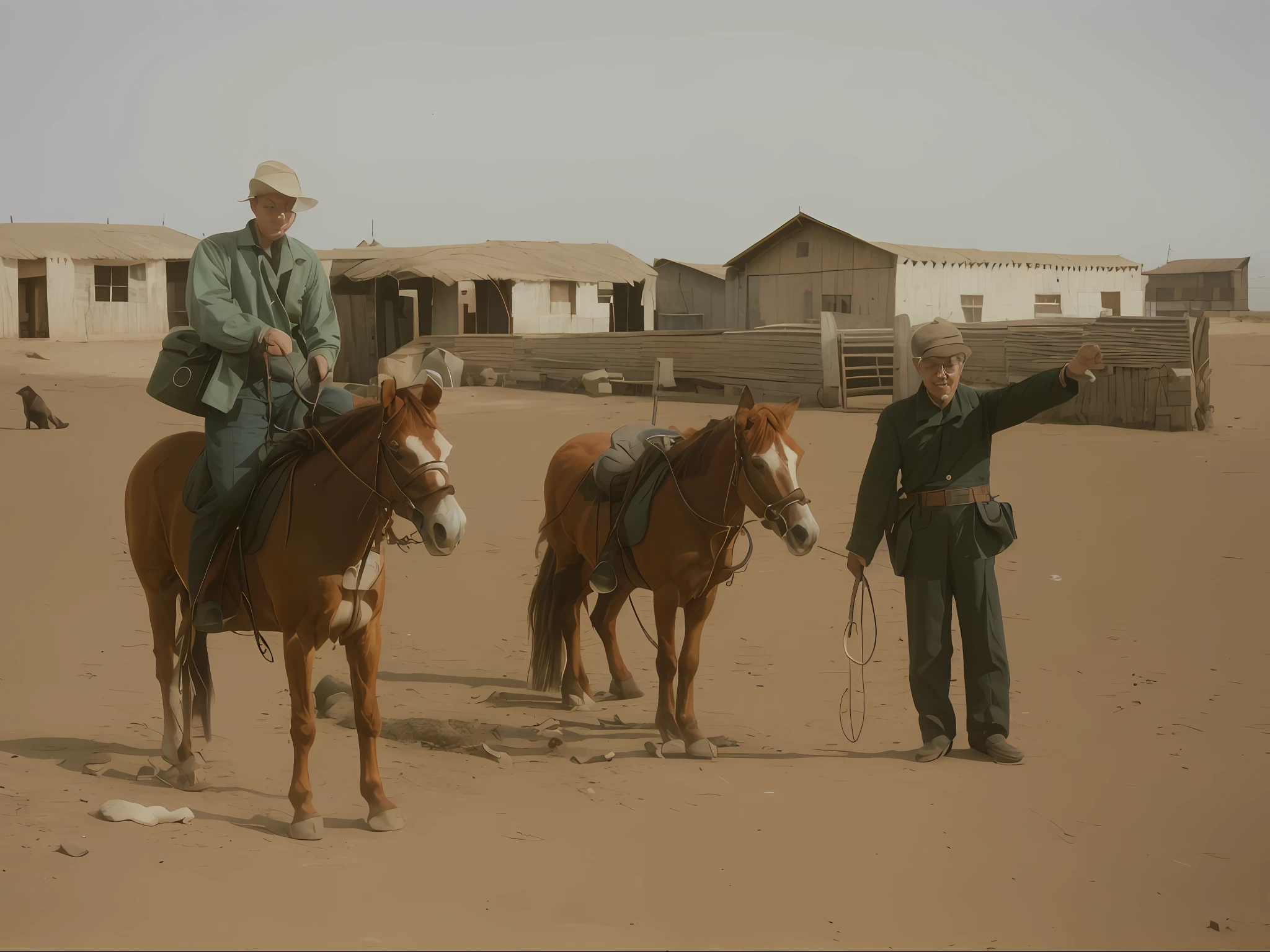 Two men riding horses on the ground, Noam Rockwell in Africa, historical image, 1967, 1 9 6 7, 1943, 1 9 4 2, historical picture, 1942, 1 9 4 4, 1944, 1 9 6 4, 1964, 1968,chromatically,Recover photos,photorealestic,k hd,coloured photo,Details are clearly visible,The content is delicate,The characters' expressions are clearly visible,black hair, hair bobbles, wince, longeyelashes, solid circle eyes, fake animal ears, light smile, ear blush, fang, Surrealism, drop shadow, anaglyph, stereogram, tachi-e, pov, atmospheric perspective, 8k, super detail, ccurate, best quality