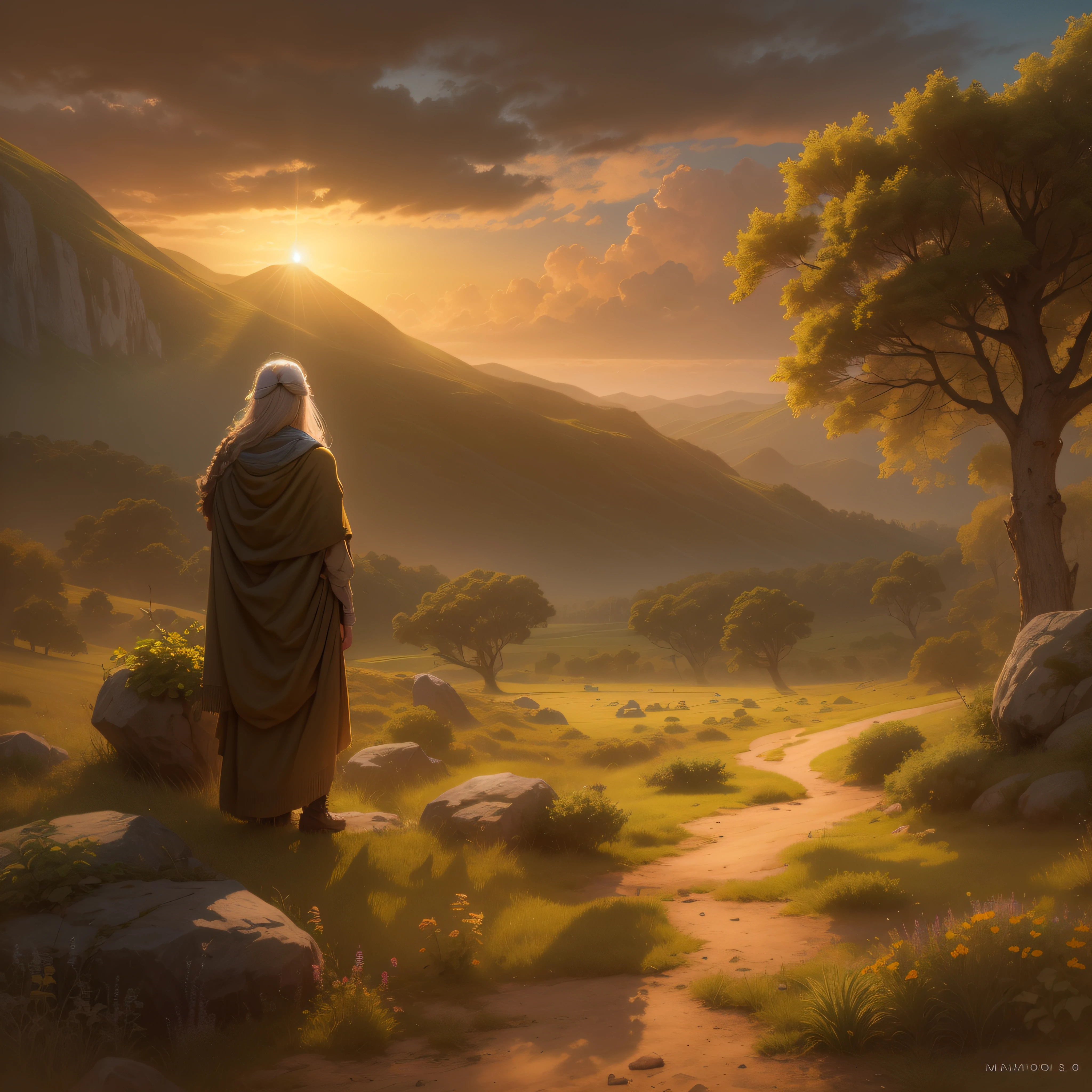 ((lifelike lighting, Melhor qualidade, 8K, Obra-prima: 1.3)), Foco claro: 1.2,Povo hebreu avistando a terra prometida pela primeira vez. Clear and golden sky, lush landscape and Moses leading with emotion and gratitude. Hope and promise in the air as they prepare to begin a new phase
