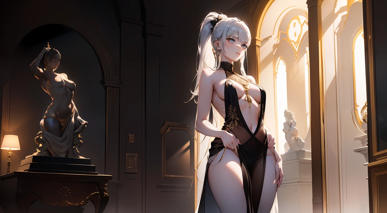 ((1 girl)),((high detailhyper quality,high resolution,))),(epic detail)),((soft shadows)),(ray tracing),{best shadow}, detailed background, ((living room)),((fluffy silver hair, busty slender girl with high ponytail)))), [avoid golden eyes in an ominous living room], (((Girl wearing white shirt, black wrinkled skirt with black transparent pantyhose))), {shows a delicate slim figure and graceful curves}, ((front)), (Standing), ((Hands hidden behind the head))))), (Facial details)