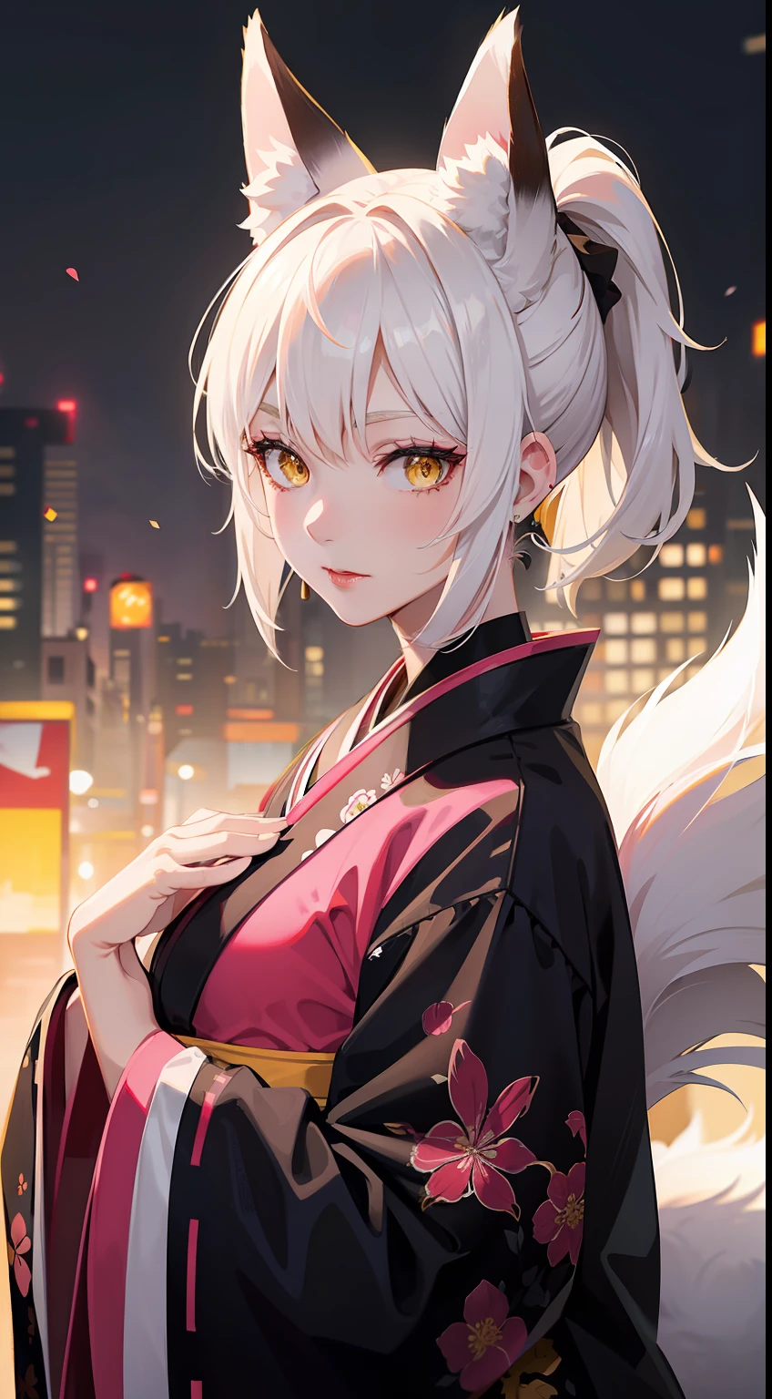 Adult woman, short white hair, high ponytail, fox ears and tail, Yellow eyes, black funeral kimono, pink lipstick, Masterpiece, hiquality