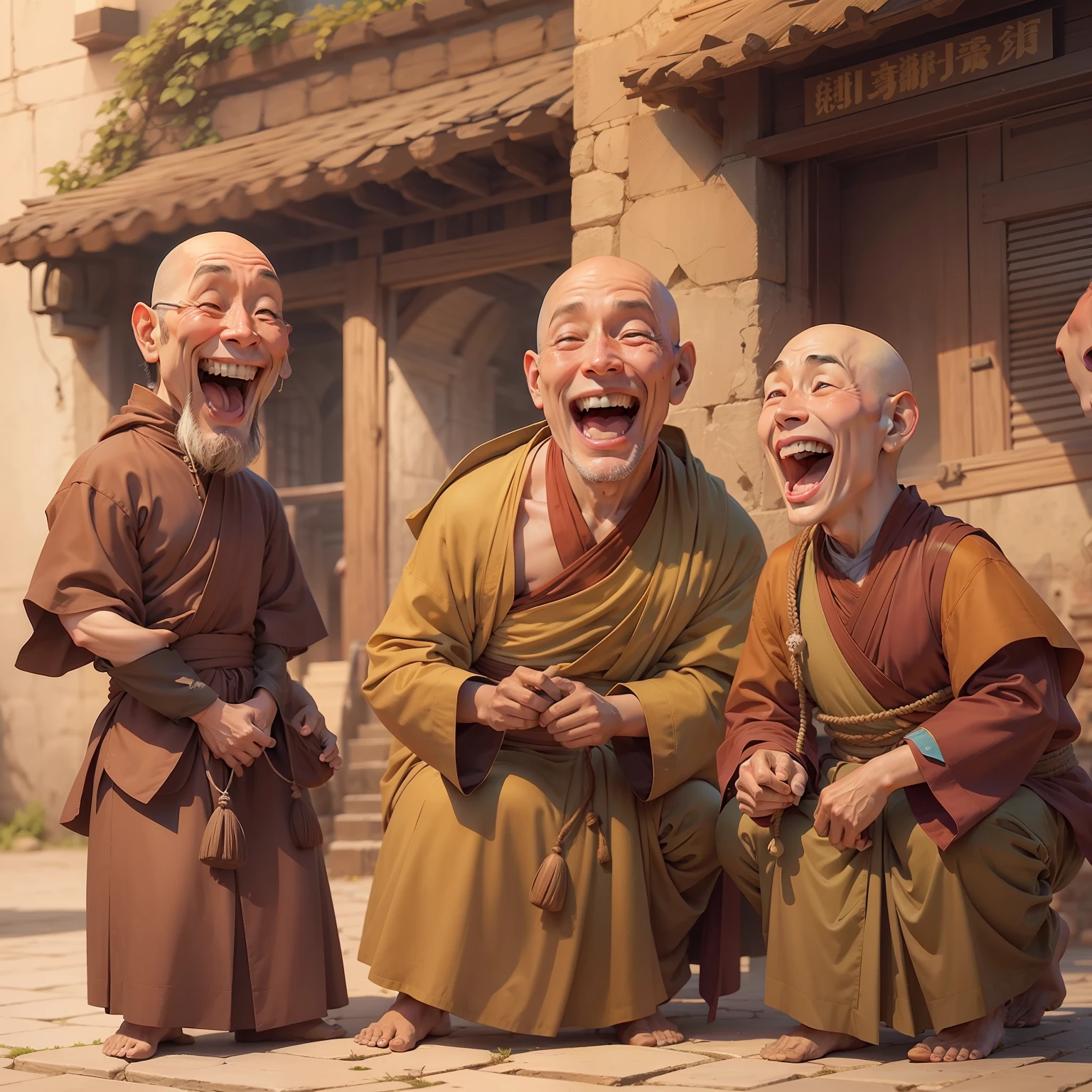 Animation showing the three monks laughing while the people around them start laughing as well