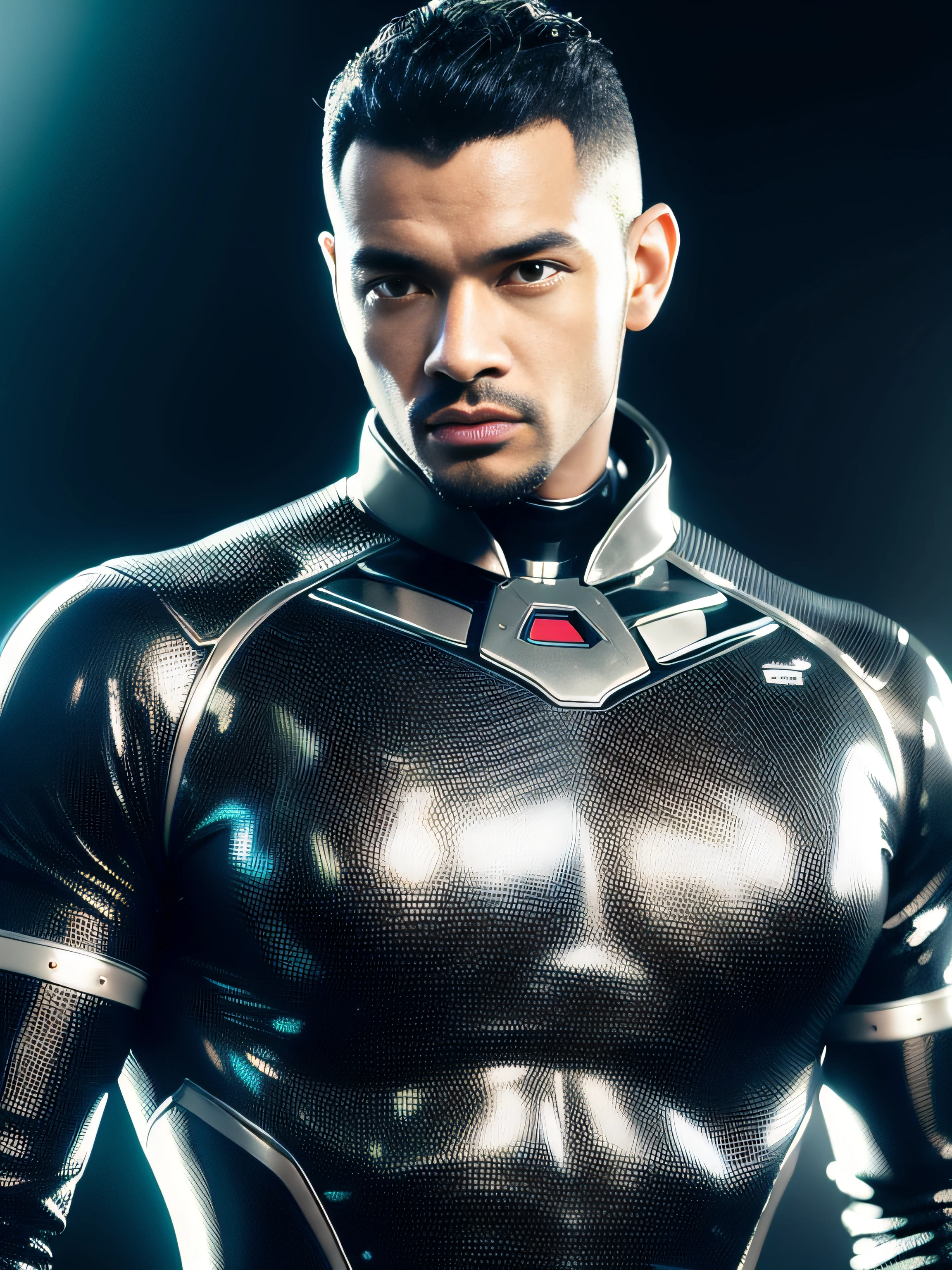 Alafid man in black latex clothing,Translucent latex garments,Metallic body, bionic scifi alexandre ferra, cyborg neck, cyborg male, male cyborg, cyborg fashion model, portrait of a cyborg, detailed portrait of a cyborg, cybernetic neck implant, portrait of a futuristic robot, dystopian sci-fi character, sci - fi character, portrait of a cyberpunk cyborg,8K,Extreme detail,Hair in extreme detail,Ultra photo realsisim,cinmatic lighting,Asian supermodel face,Strong muscles and perfectly curved body,Extreme sexual tension,Hormonal explosion,whole body display,Muscular macho