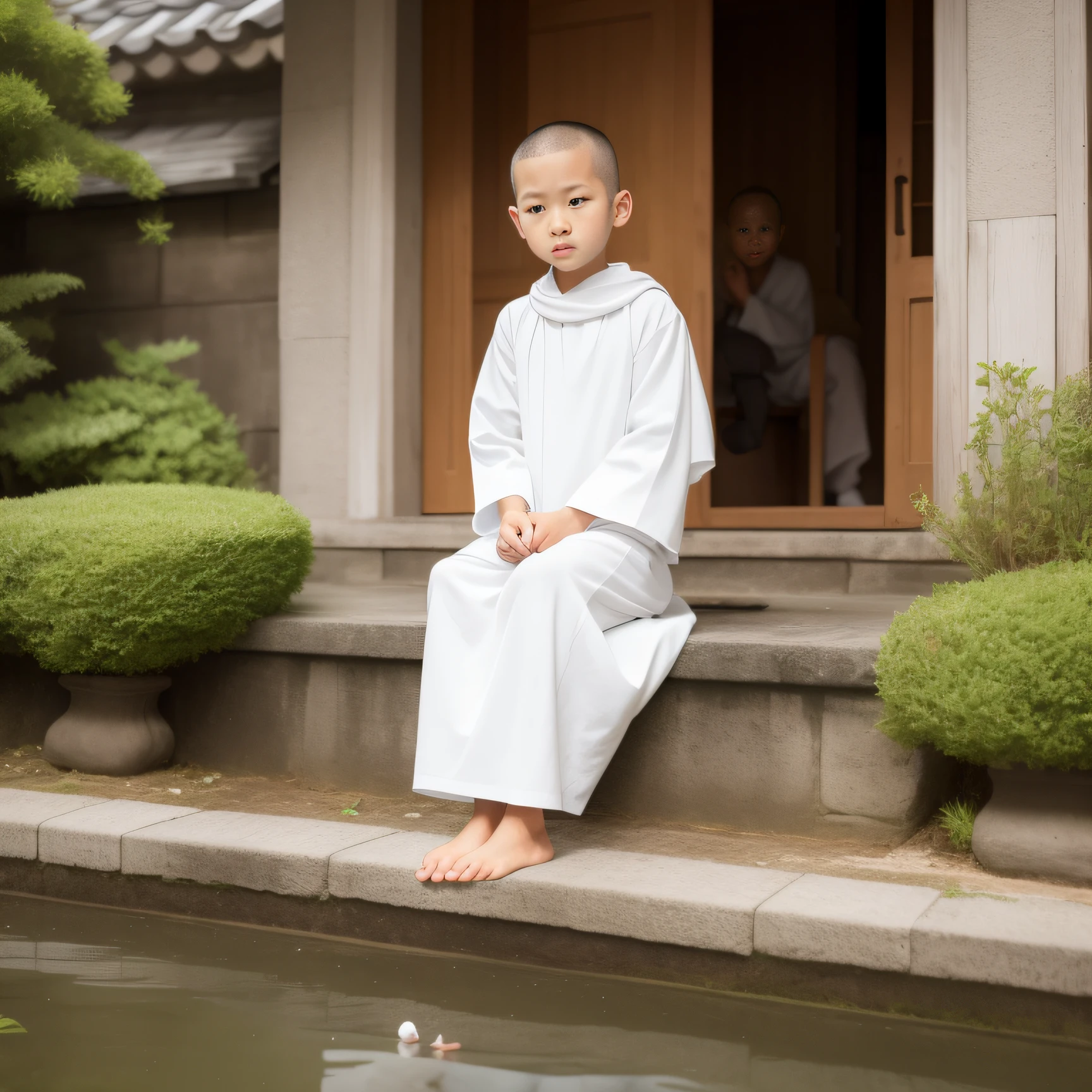 A small monk in a white cassock、Sit in front of the temple Buddha and knock wooden fish