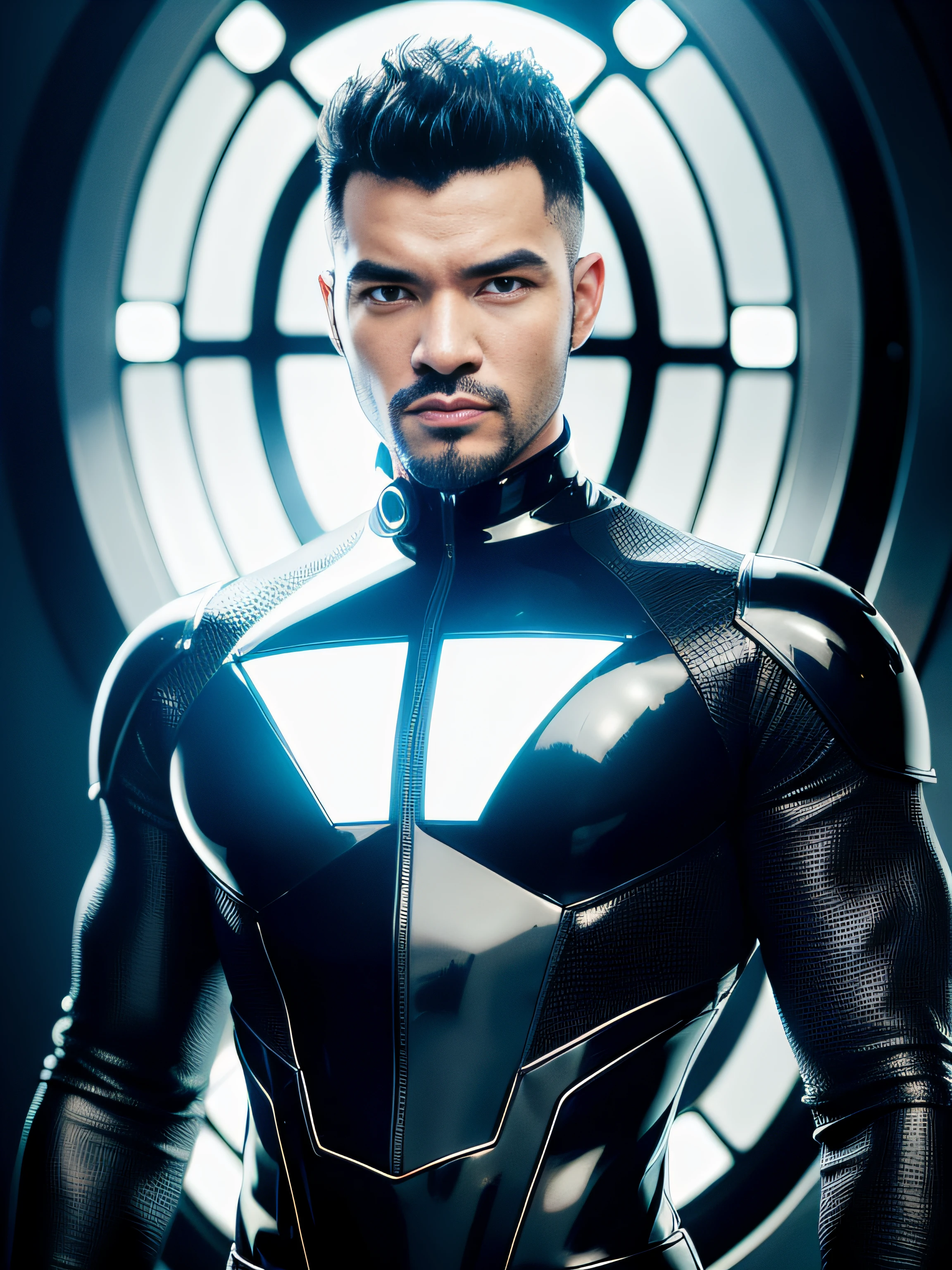 Alafid man in black latex clothing，Translucent latex garments，Metallic body, bionic scifi alexandre ferra, cyborg neck, cyborg male, male cyborg, cyborg fashion model, portrait of a cyborg, detailed portrait of a cyborg, cybernetic neck implant, portrait of a futuristic robot, dystopian sci-fi character, sci - fi character, portrait of a cyberpunk cyborg，8K，Extreme detail，Hair in extreme detail，Ultra photo realsisim，cinmatic lighting，Asian supermodel face，Strong muscles and perfectly curved body，Extreme sexual tension，Hormonal explosion，whole body display，Muscular macho