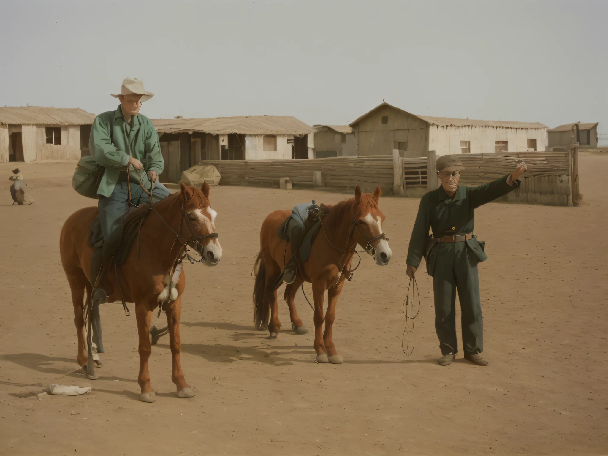 Two men riding horses on the ground, Noam Rockwell in Africa, historical image, 1967, 1 9 6 7, 1943, 1 9 4 2, historical picture, 1942, 1 9 4 4, 1944, 1 9 6 4, 1964, 1968,chromatically,Recover photos,photorealestic,k hd,coloured photo,Details are clearly visible,The content is delicate,The expressions of the characters are clearly visible, shadowing,, stereograms, tachi-e, angle of view, Atmospheric perspective, 8K, Super detail, Best quality