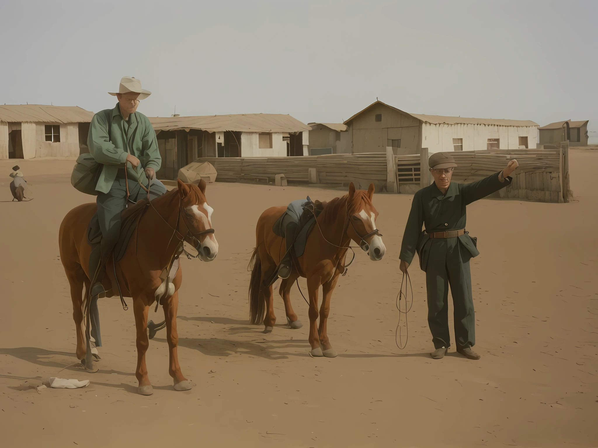 Two men riding horses on the ground, Noam Rockwell in Africa, historical image, 1967, 1 9 6 7, 1943, 1 9 4 2, historical picture, 1942, 1 9 4 4, 1944, 1 9 6 4, 1964, 1968，chromatically，Recover photos，photorealestic，k hd，coloured photo，Details are clearly visible，The content is delicate，The expressions of the characters are clearly visible， shadowing,, stereograms, tachi-e, angle of view, Atmospheric perspective, 8K, Super detail, Best quality