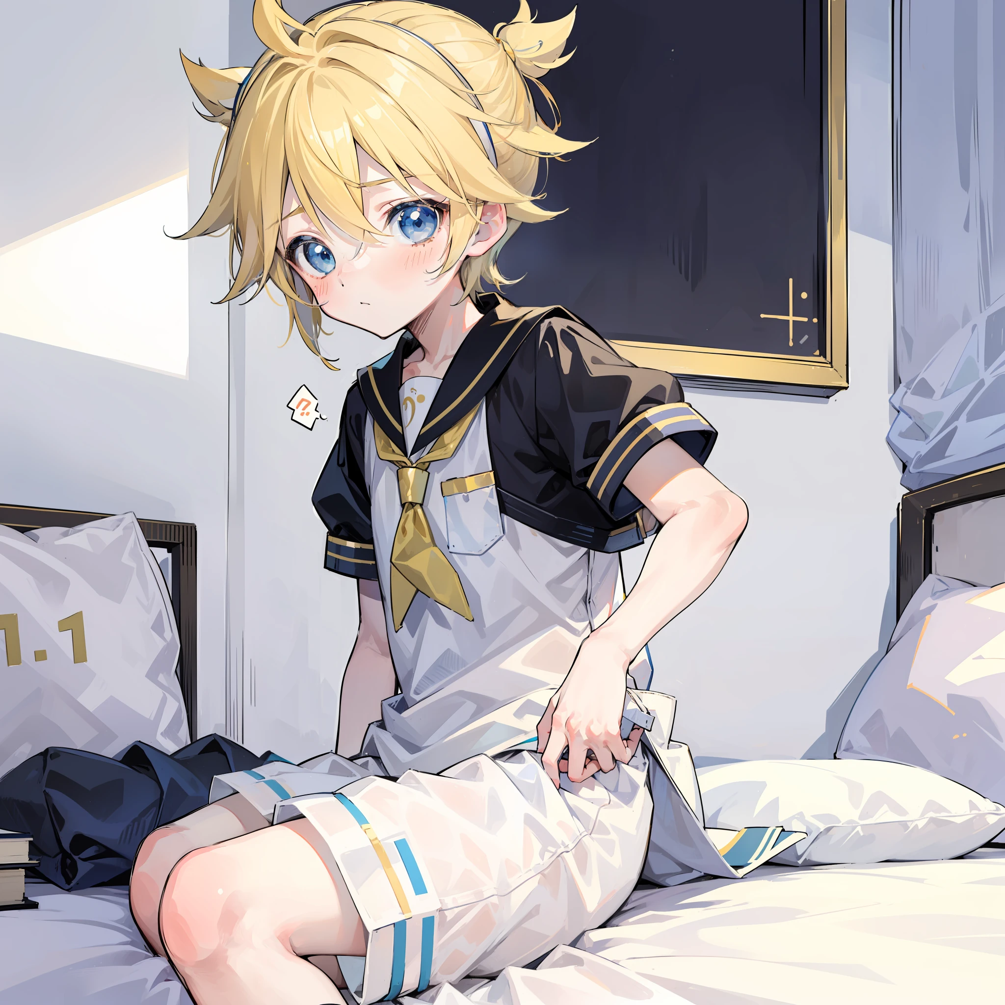 best quality, ultra precision, one boy, (boy is Len_Kagamine), blue eyes, blond hair, young, cute, blush, teenager, shota, boy is cowlick, men's sailor uniform, cool, shy, on bed, black short pants, character focus, he loves you