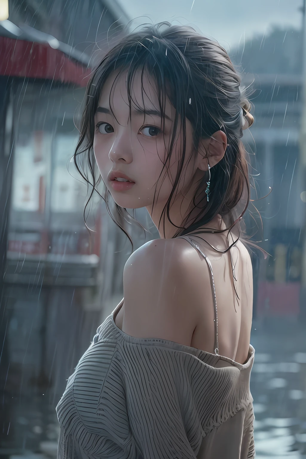 The highest image quality、​masterpiece、超A high resolution、(fidelity:1.4)、a picture、1 girl in、film like、bare shoulders​、Real rain、wetting hair,..