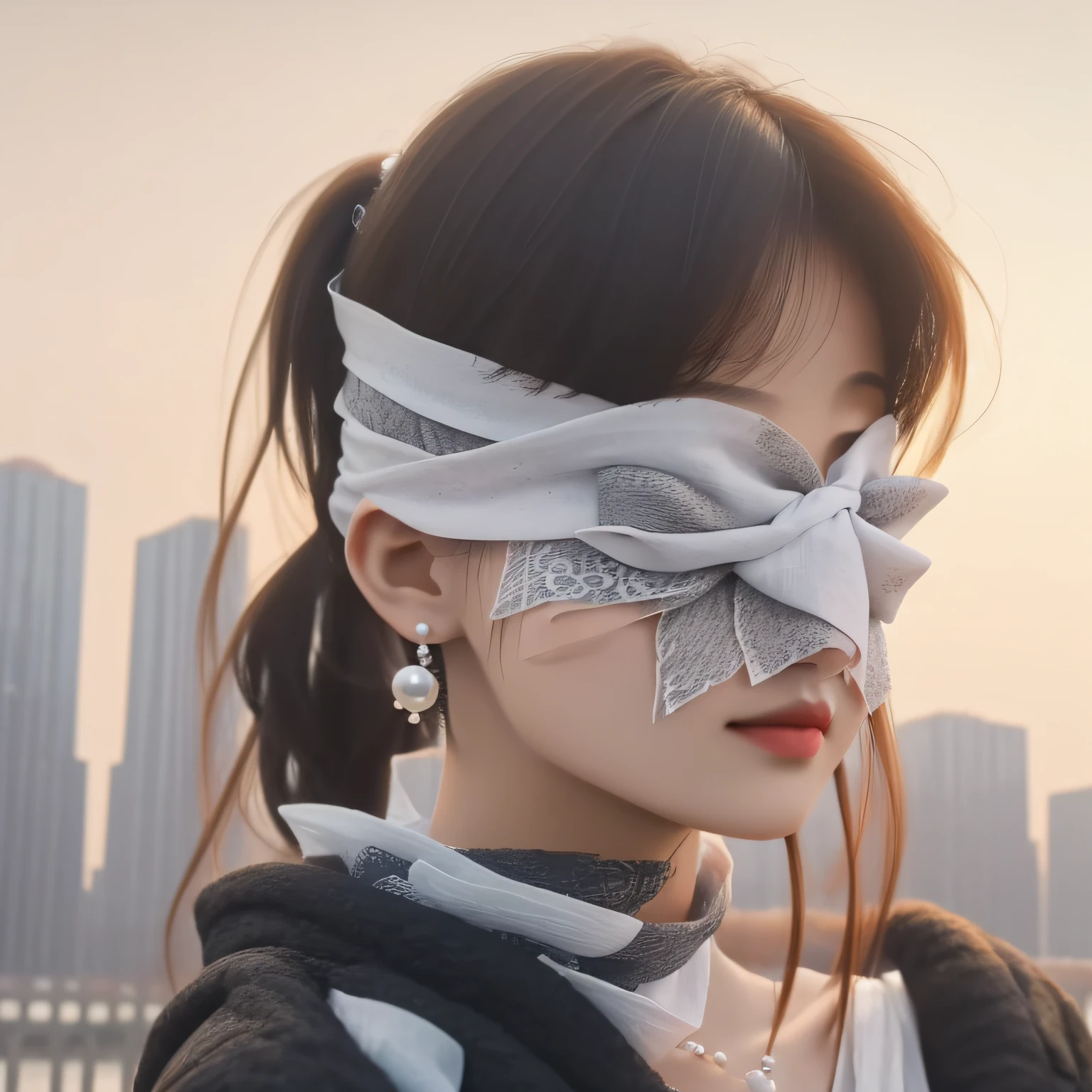 (Cover your eyes with a handkerchief:1.4),From the side Side,hip-up,((adilin)),Side posture,randome pose,during night,(Extremely delicate and beautiful work),(tmasterpiece),1girll,Street attire,highly detailed,Ponytail Contortion,Enchanted expression,Delicate pearl necklace,Delicate earrings,simple blurr background,Extreme detail description,big breasts beautiful,big breasts enchanting,an ultrafine painting,delicated face,exquisite body,Fine collarbones, lovely lips, soft behind, mix4,(8K,RAW photos,best qualtiy,tmasterpiece:1.2),(realisticlying,photo-realistic:1.37),1girll,adolable,view over city,the night,Sateen,dampness,profesional lighting,photon maping,Radio City,physically-based renderingt,closeup of face,