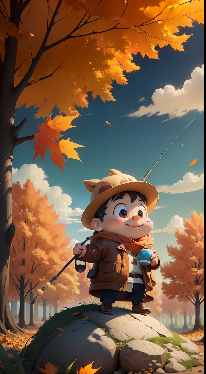 Features cartoon characters，Creative and childlike。In this poster，You can see a cute cartoon character fishing，It brings you autumn colors and breath。And the color scheme is just right，Strengthen the theme of this autumn solar term，At the same time, It also brings a pleasant mood。The background of the poster is also designed to be interesting，You can see the fascinating fallen leaves，Create warmth、Harvest atmosphere。This poster shows both the theme of autumn，3D