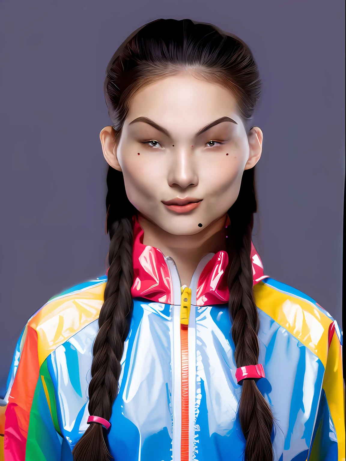 A Chinese 17-year-old high school girl,Wear a brightly colored PVC sweatshirt,Light gray solid background