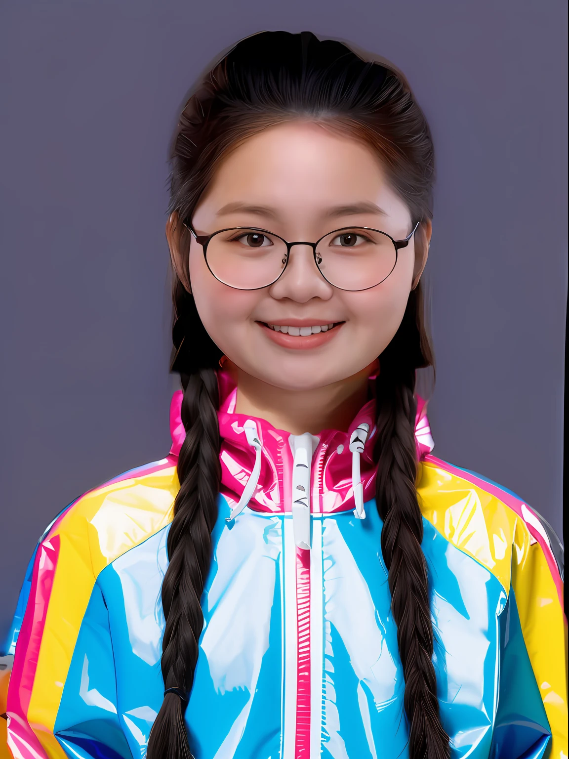 A Chinese 17-year-old high school girl，Wear a brightly colored PVC sweatshirt，Light gray solid background