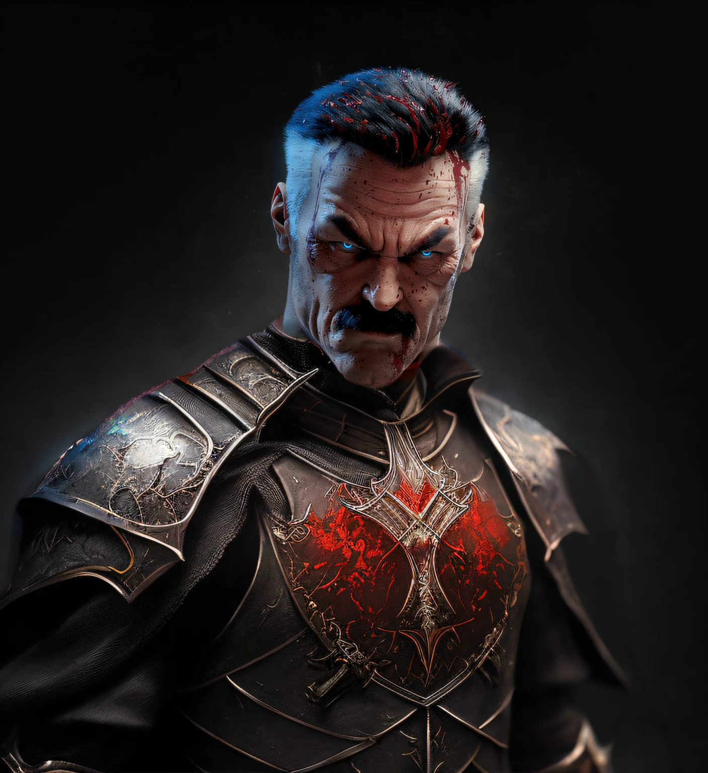 "fantastic comic book style, fotorrealista, Visual intenso, Pintura digital fotorrealista, Incredible detailing, Heavy Gothic Armor in a Dark and Imposing MMORPG Costume, (Armadura pesada suja de sangue)"