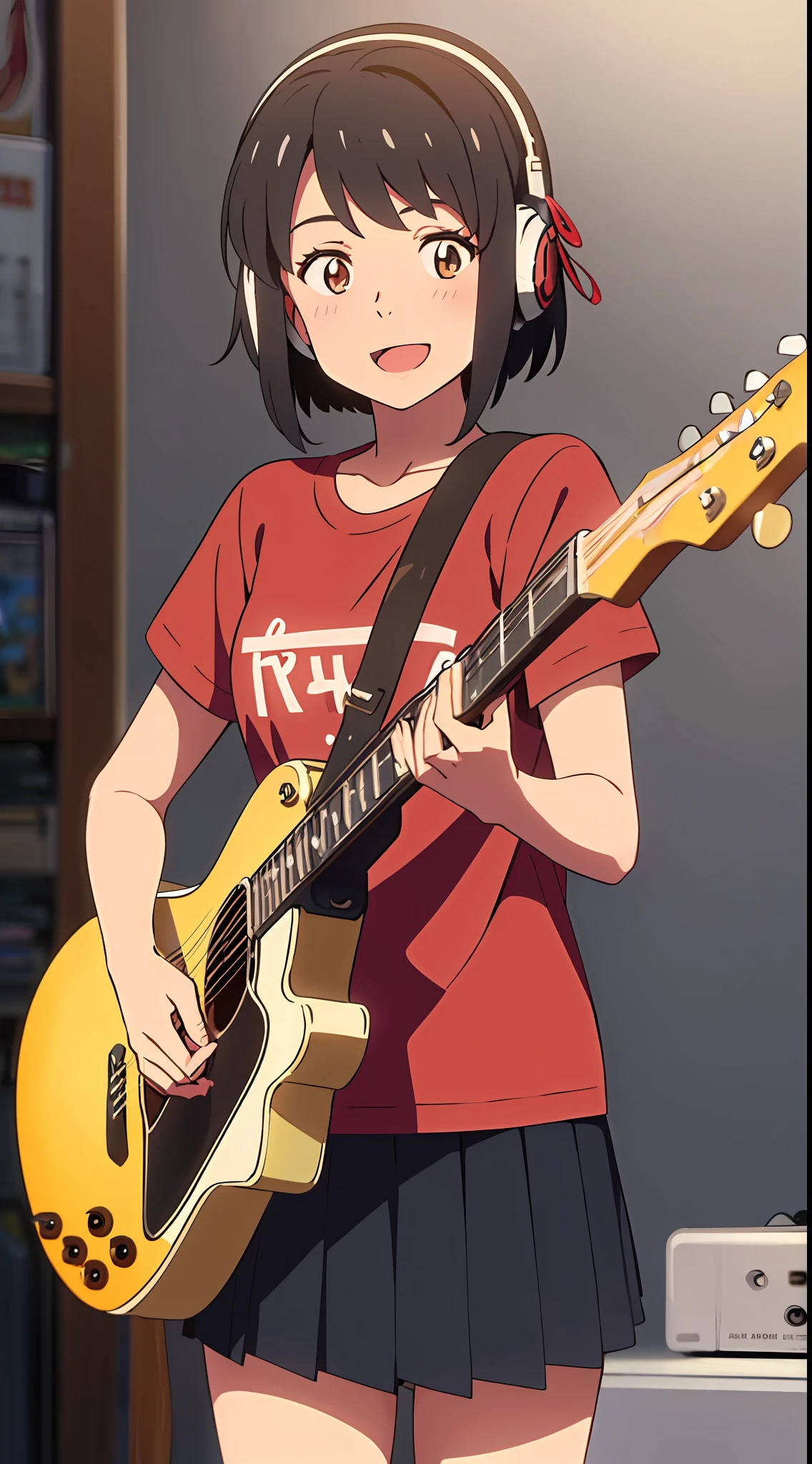 shinkai makoto, kimi no na wa., 1girl, bangs, black hair, brown eyes, shiny skin, red bow, red headband, red ribbon, t-shirt, black t-shirt, short hair, smile, solo, happy, open mouth, electric guitar, guitar, headphones, holding, holding plectrum, instrument, music, one side up, playing guitar, skirt, black skirt, pleated skirt, indoors, best quality, masterpiece