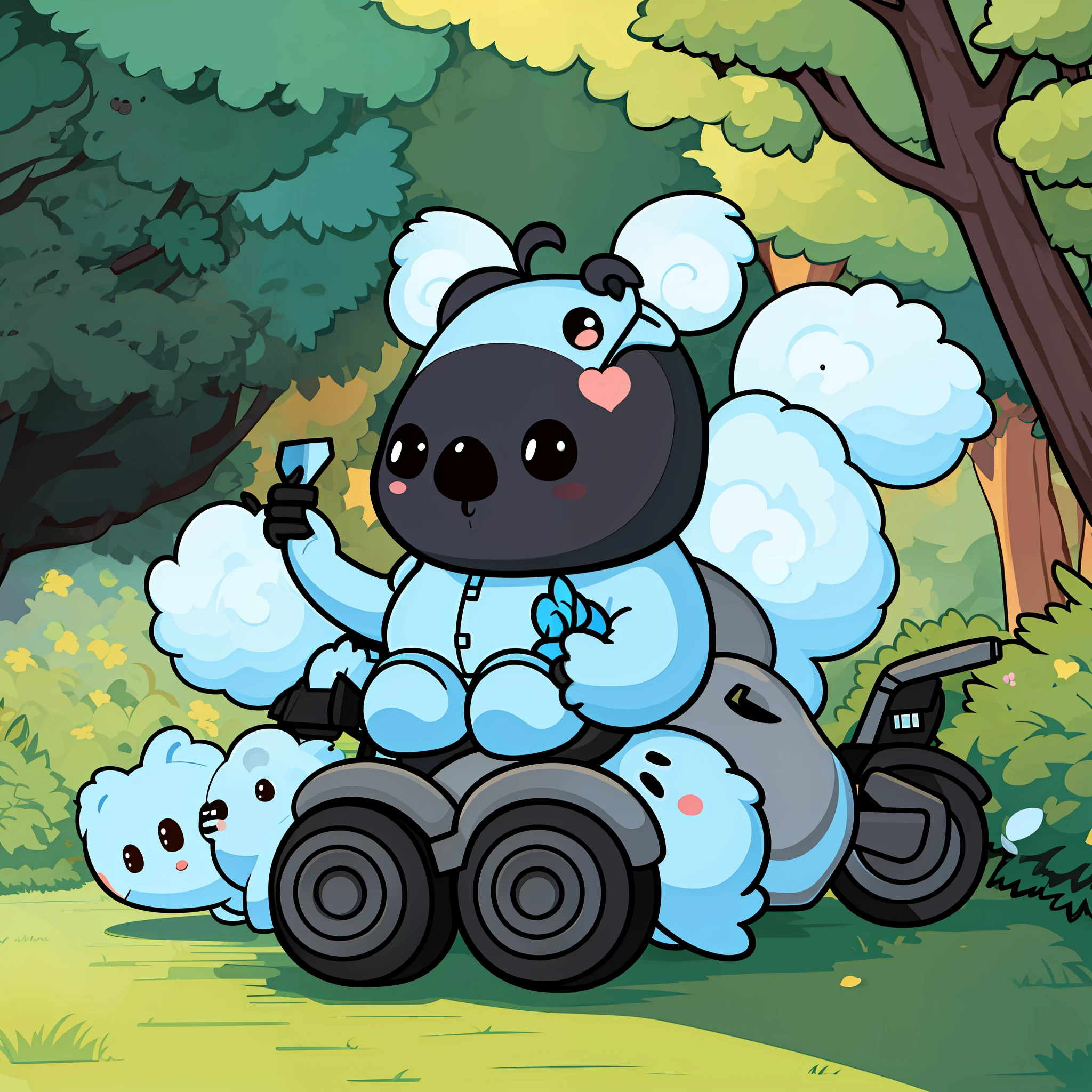 Chubby cute koala，Riding a scooter，Anthropomorphic style，Disney  style、 Black strokes，Stick figure style，8K，