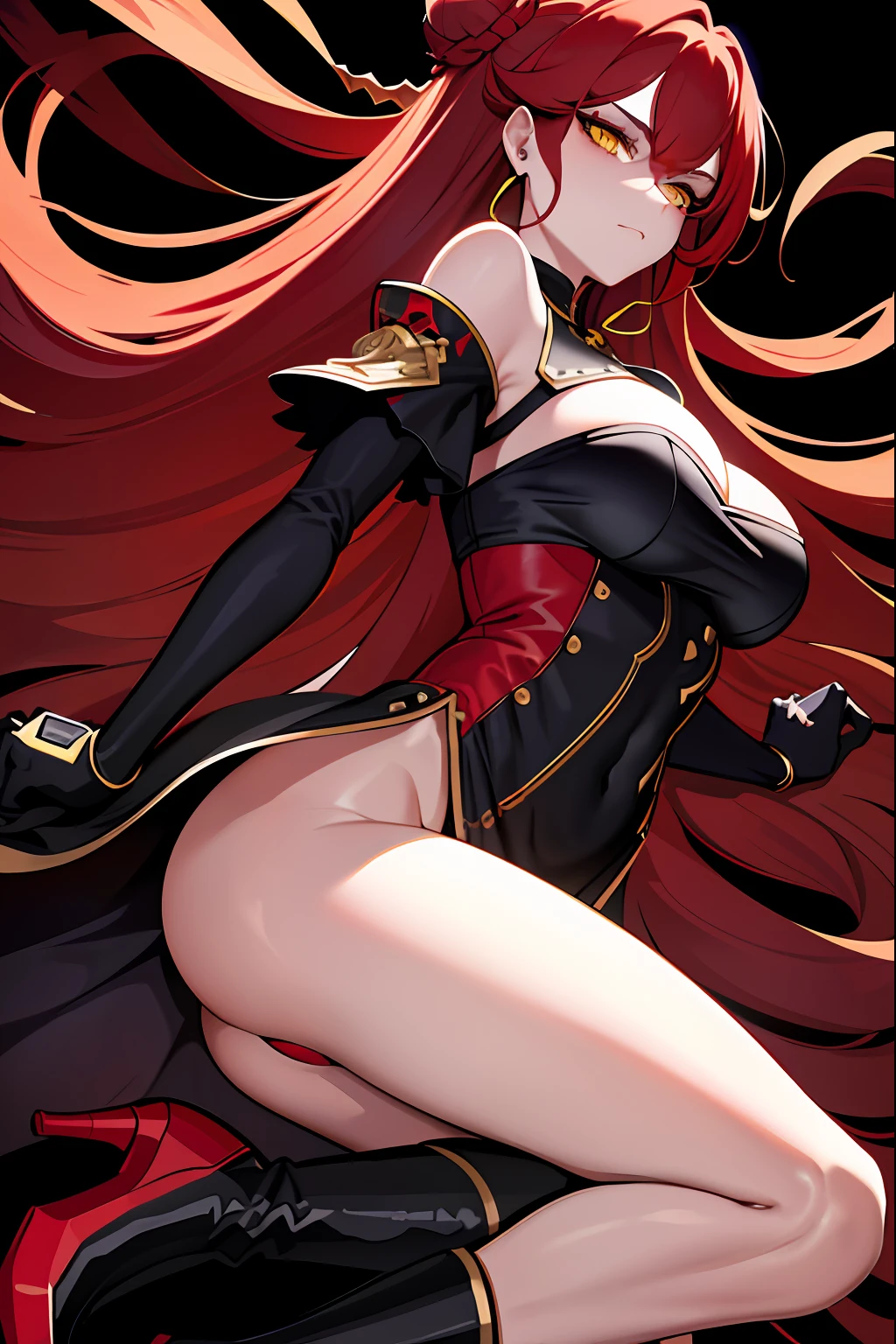 masterpiece, best quality, 1girl, long hair, big bust, very long red hair, yellow eyes, buns with braid , black dress, jewels, ruby earrings, good anatomy, red gloves, boots, heels, evil, emotionless, intimidant, bloody, detailed eyes, dark background, close up, ((detailed eyes)), beautiful eyes, hair bang, profile