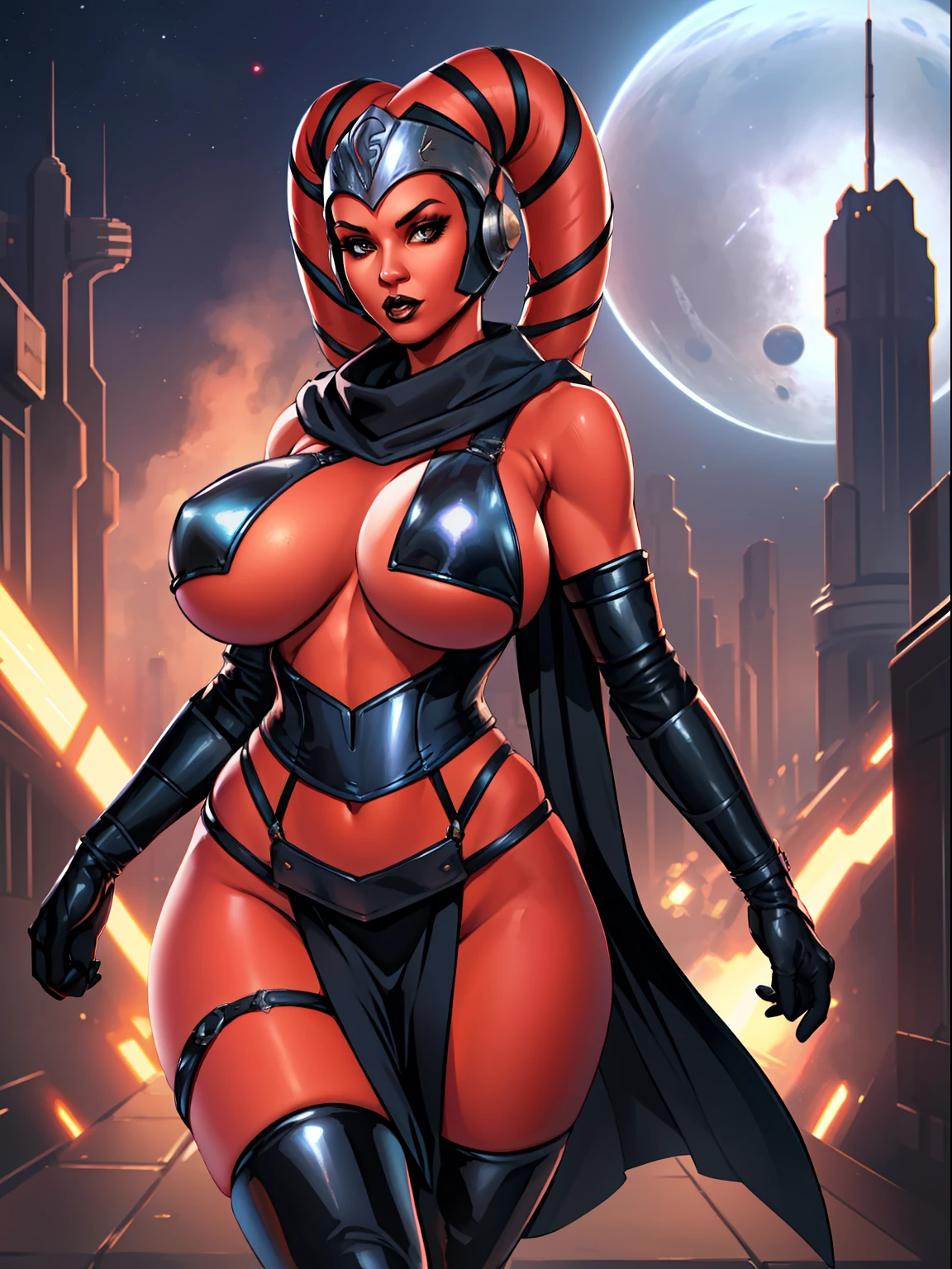 Sexy big tits Twi'lek, lithe body, massive tits, gigantic boobs, busty, thin, athletic, ((red skin), twi'lek), evil space knight, space ninja, (wearing (((modest))) loose black tunic, cowl, cloak, gloves, leggings, straps, buckles, corset, long skirts, long sleeves, fantasy, ((armor))), ((busty), slender body, thin, slim sexy body, slim waist, ((huge breasts))), Imperial starship, Star Wars,