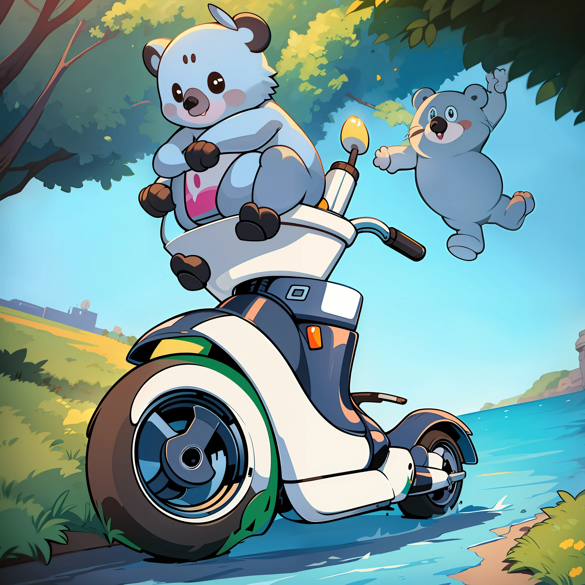 Chubby cute koala，Riding a scooter，Anthropomorphic style，Disney  style、 Black strokes，Stick figure style，8K，